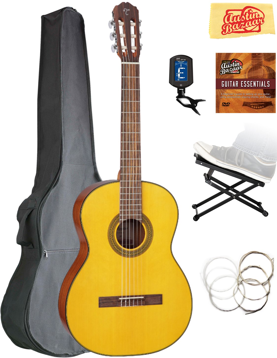 Takamine GC1 Classical Acoustic Guitar Bundle - Natural Gloss Finish with Gig Bag, Foot Stool, Digital Tuner, Extra Strings, Instructional DVD & Polishing Cloth | Perfect for Beginners, Students & Home Performances