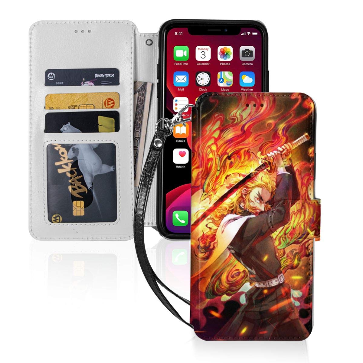 Premium Demon Slayer Anime Tanjiro & Rengoku Kyojuro iPhone 11 Case - Slim Wallet Card Holder with Lanyard - Perfect for Anime Fans, Cosplay Events & Daily Protection