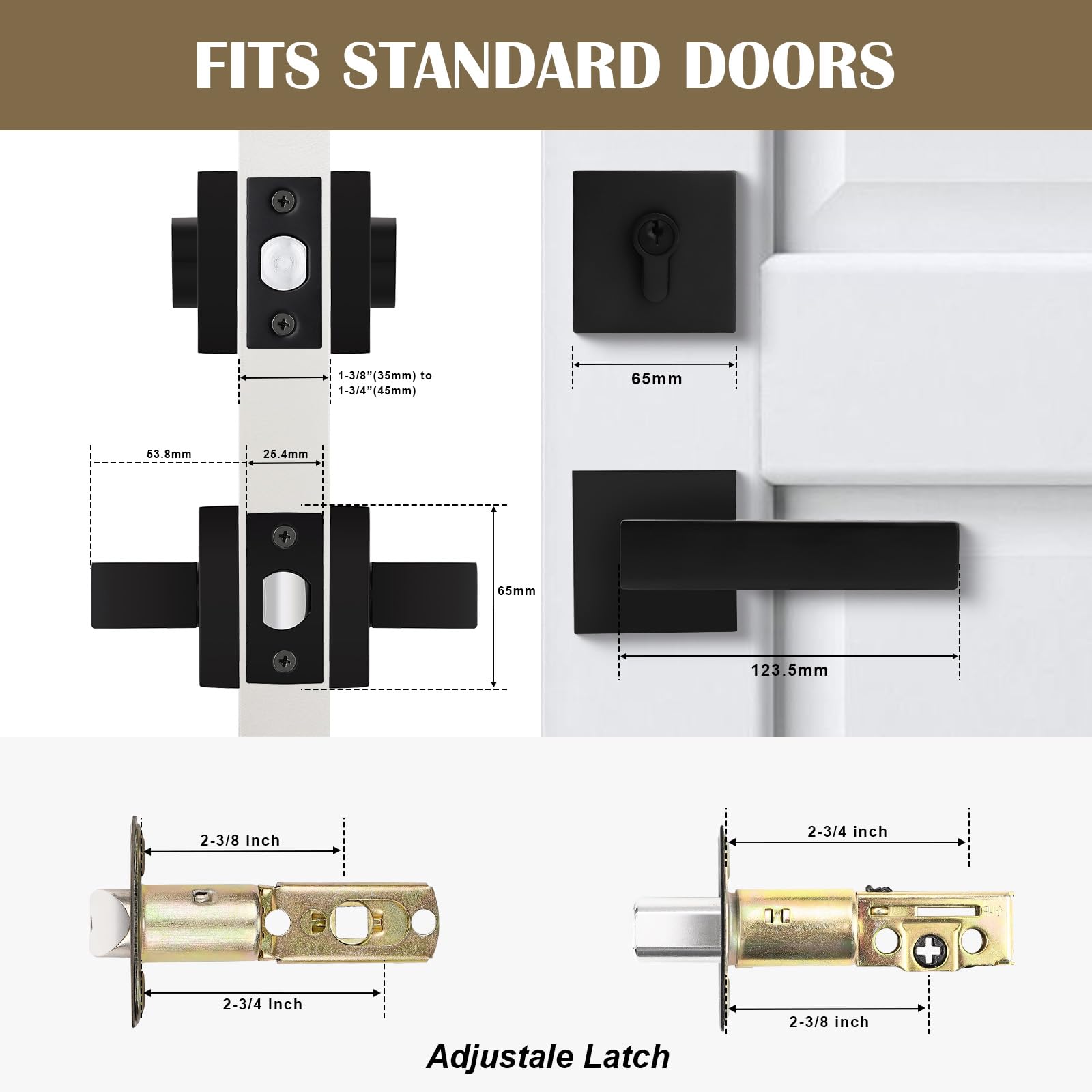3 Pack Keyed Door Lockset with Deadbolt - Matte Black Square Handleset for Home Security (Bedroom/Front Door)
