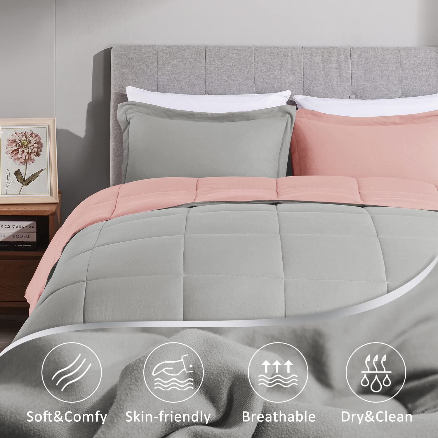LOVTEX 3-Piece Pink and Gray Reversible Comforter Set - Ultra Soft Washed Microfiber Queen Bedding - Down Alternative Comforter with 2 Pillow Shams (Pink/Grey) - Perfect for Cozy Bedrooms, Guest Rooms & Dorm Decor