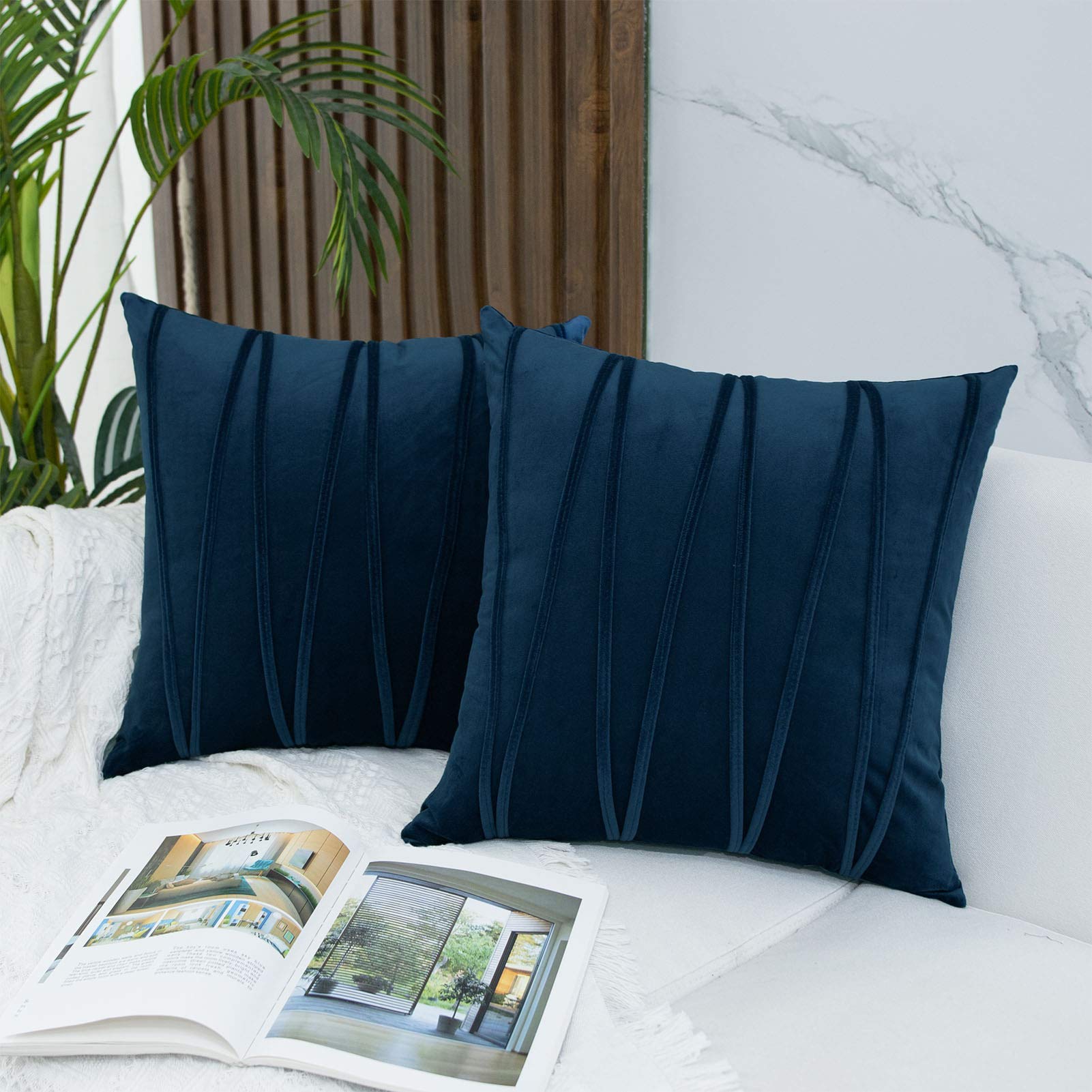 JUSPURBET Velvet Striped Throw Pillow Covers - Set of 2 (20x20 Inches) Navy Blue Decorative Cushion Covers for Sofa, Couch & Bed - Perfect for Living Room, Bedroom & Home Decor