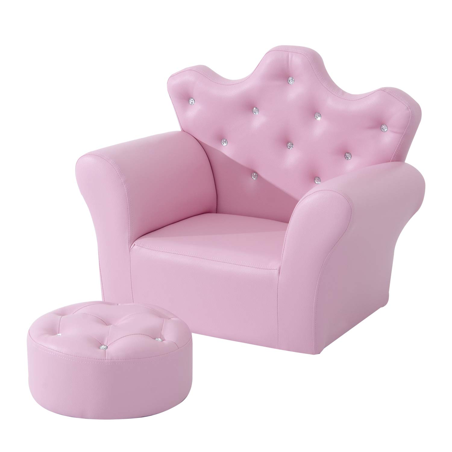 Qaba Kids Sofa Set - Pink Upholstered Princess Sofa with Footstool & Diamond Decorations, Toddler Chair for Girls & Boys, Perfect for Playroom, Bedroom & Nursery Decor