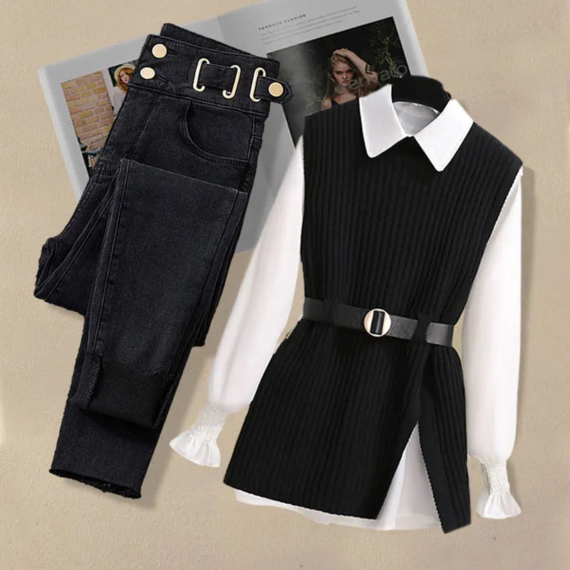 Korean Style Autumn Women's 3-Piece Outfit - Chiffon Shirt, Knitted Sweater & Jeans Set, Elegant Tracksuit for Casual Wear | Office, Dating & Fall Fashion