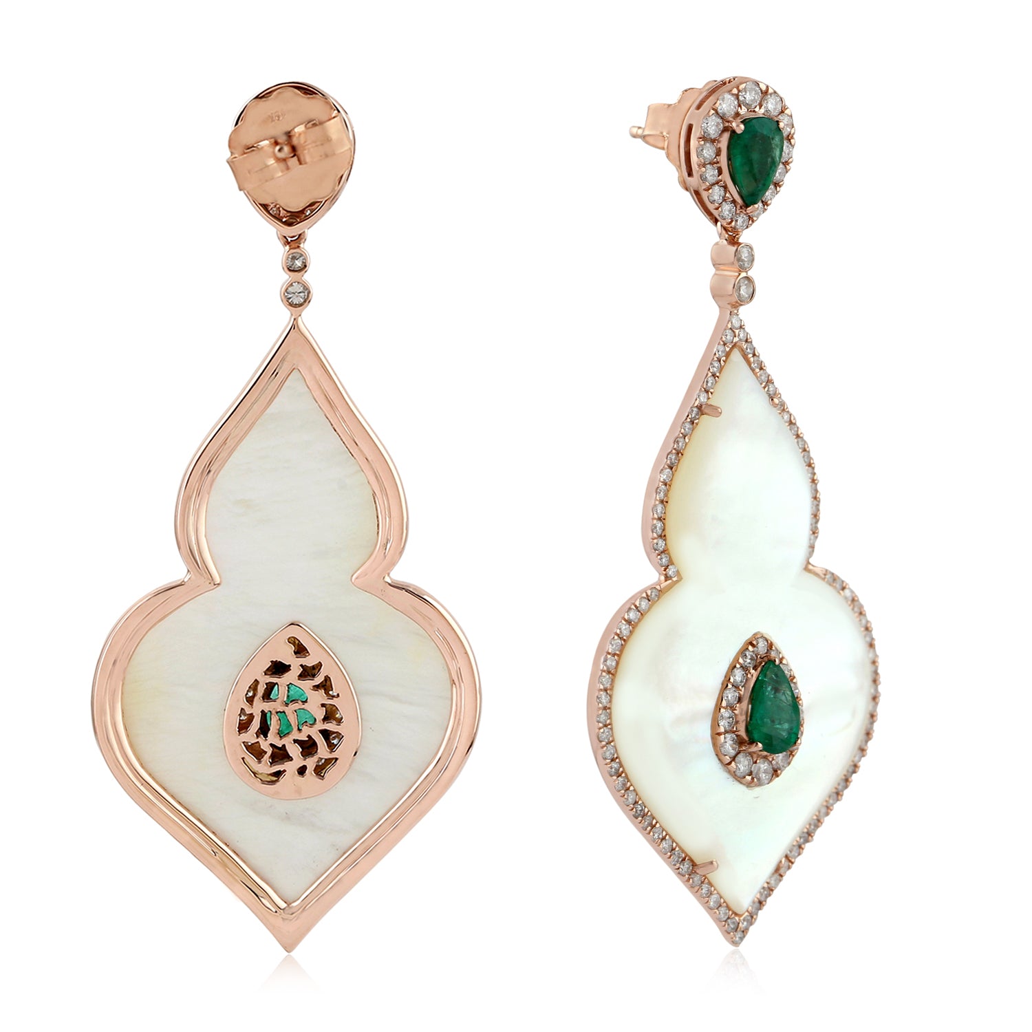 18K Rose Gold Pear Cut Emerald Pave Diamond Dangle Earrings - Elegant Mother of Pearl Jewelry for Women, Perfect for Weddings, Parties & Special Occasions
