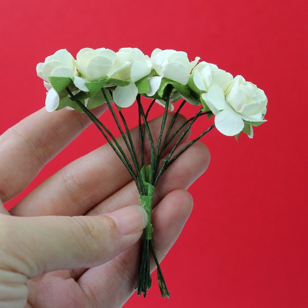 144 Mini Artificial Paper Rose Flowers - Ivory Wedding Card Decorations, DIY Craft Supplies for Bouquets, Centerpieces, Scrapbooking & Party Decor