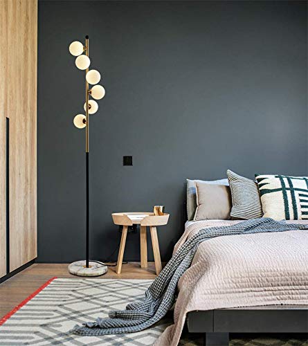 LITFAD Spiral Ball Floor Lamp - Postmodern Ivory Glass Shade with 6 LED Bulbs, Gold & Black Stand - Modern LED Floor Light for Living Room, Bedroom, Hotel Lobby - Perfect for Ambient Lighting in Home Decor and Commercial Spaces