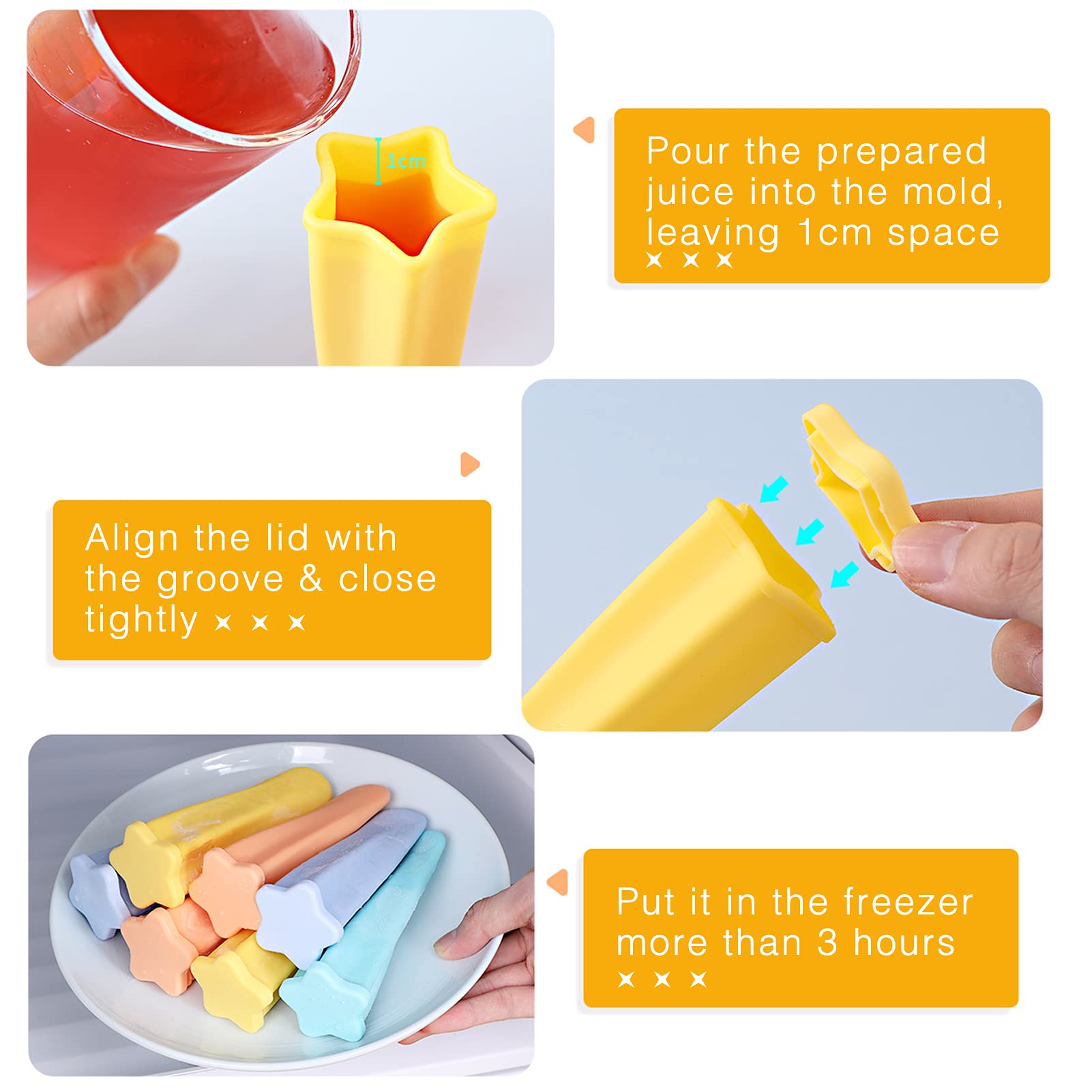 4 Pack Squeezable Star Silicone Popsicle Molds with Lids - BPA Free DIY Ice Pop Maker for Kids, Homemade Frozen Treats - Perfect for Summer Parties, Snacks & Healthy Desserts