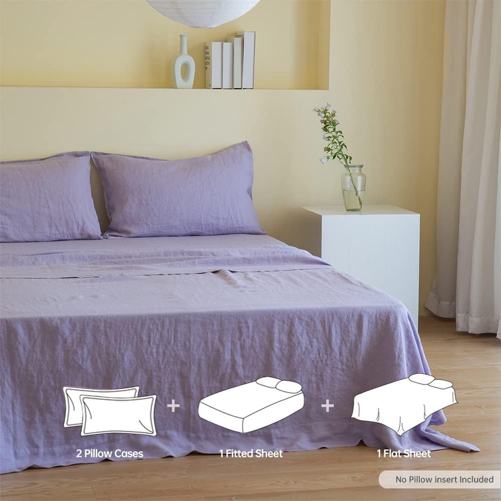 Premium 100% French Linen Sheet Set King Size 4-Piece - Natural Breathable Soft Durable All-Season Bedding - Luxury Lilac Bed Sheets for Master Bedroom & Guest Room Comfort