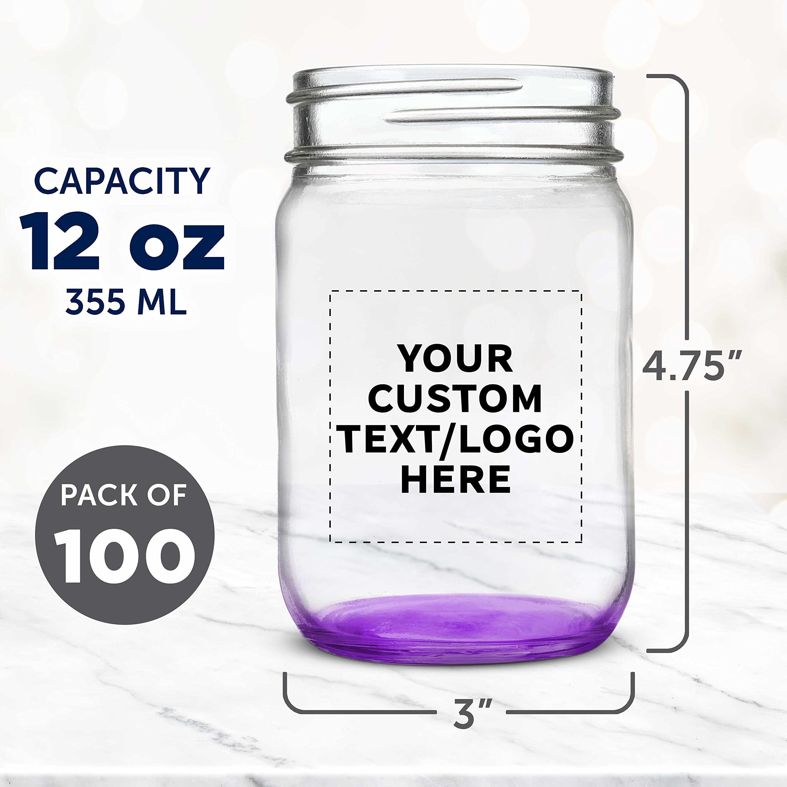 100-Pack 12oz Purple Mason Jars - Bulk Custom Glass Jars for Overnight Oats, Candies, Pickles & Spices Storage - Perfect for DIY Decor, Wedding Favors & Party Supplies