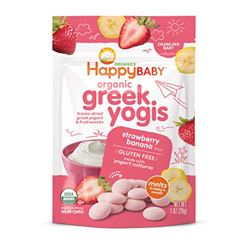 Happy Baby Organics Greek Yogis Freeze-Dried Yogurt & Fruit Snacks - Strawberry Banana Flavor, 1oz Pack | Healthy Toddler Snack for On-the-Go, Lunch Box & Baby Led Weaning