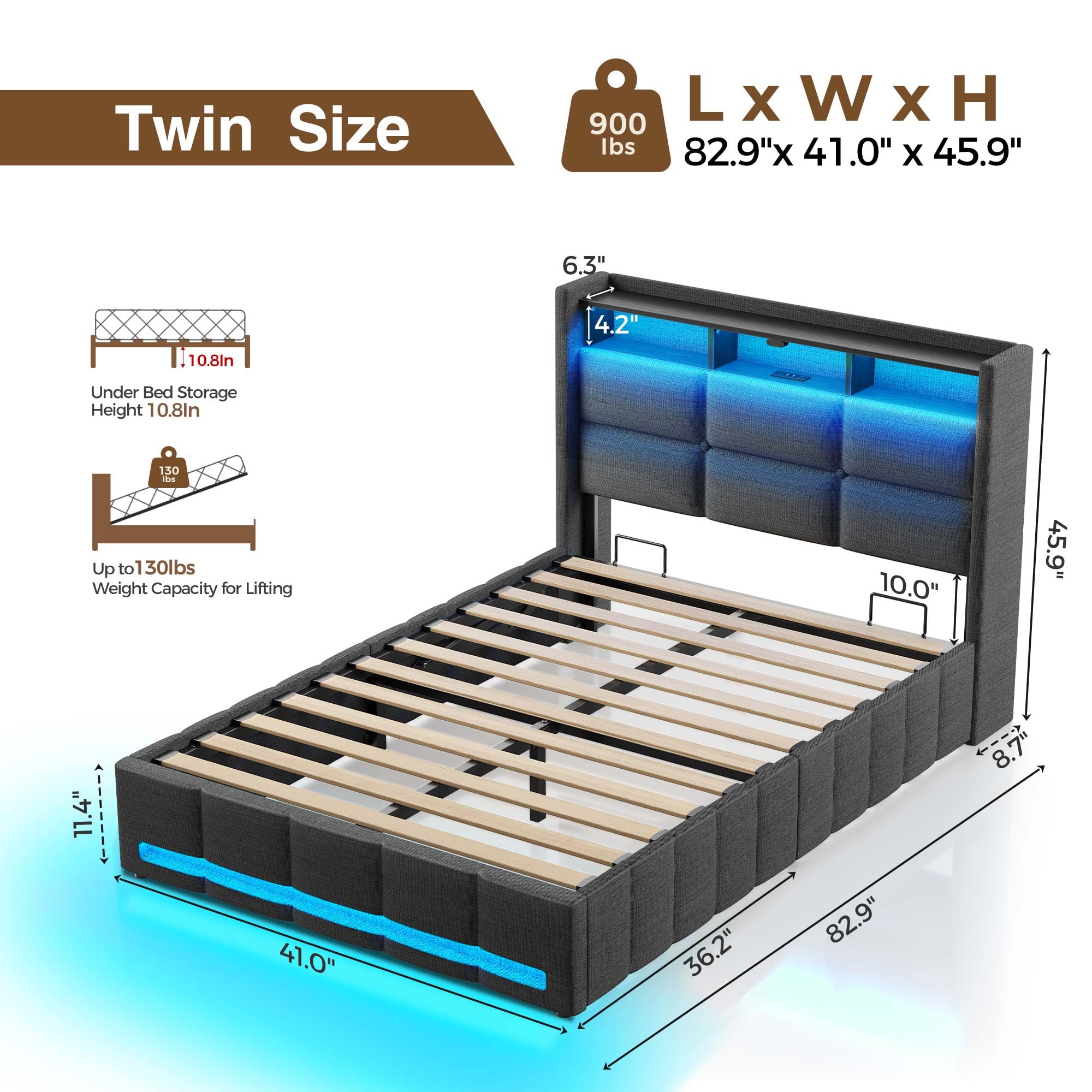 Rolanstar Twin Size Upholstered Bed Frame with Lift Up Storage, USB Charging Station & LED Lights - Heavy Duty Wooden Slats, No Box Spring Needed, Noise Free & Easy Assembly - Dark Grey Modern Platform Bed for Small Bedrooms, Guest Rooms & Dorm Rooms