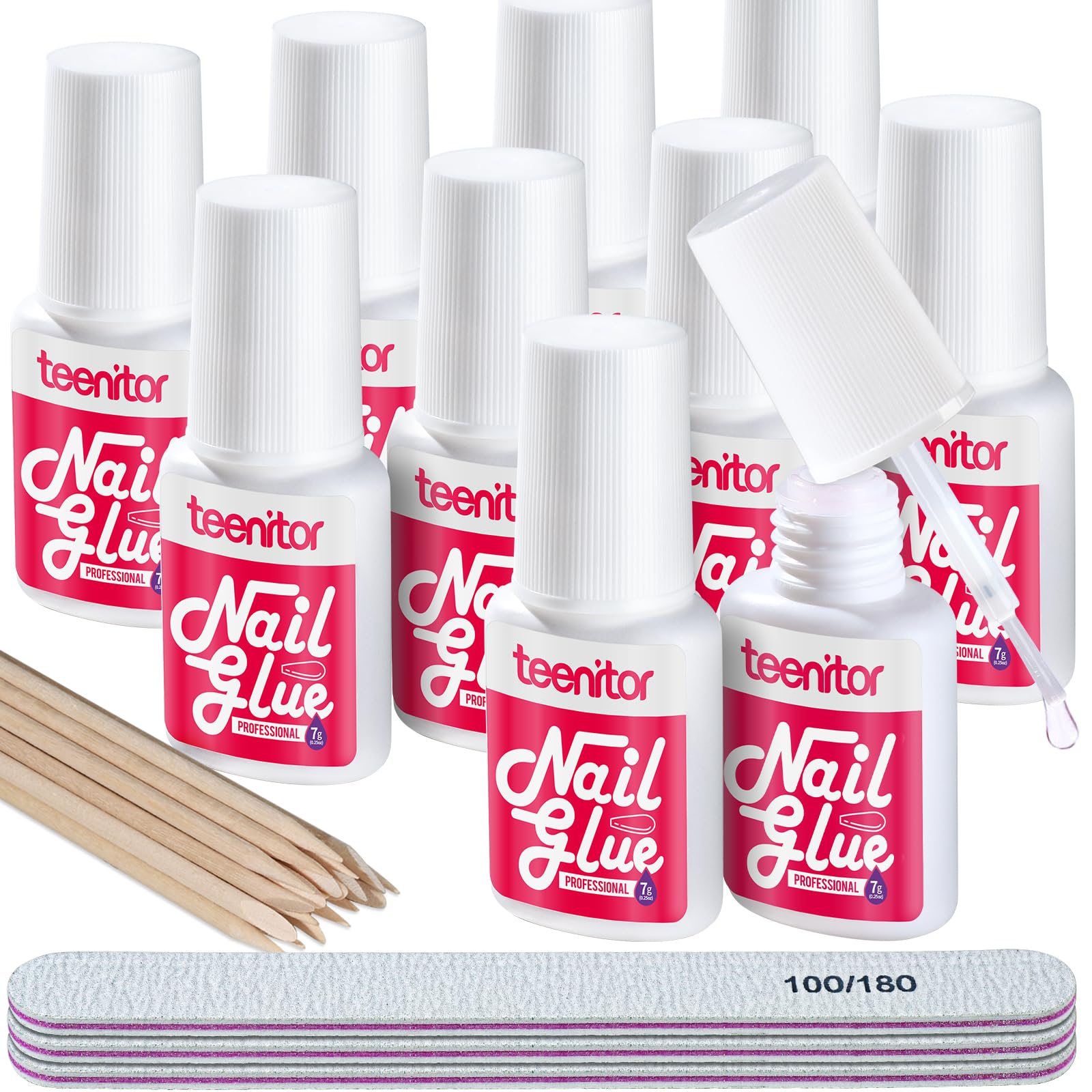 Teenitor Pink Nail Glue - 10 Pack Brush On Nail Adhesive for Press On & Acrylic Nails - Strong, Water Resistant & Fast Drying - No UV Lamp Needed - Perfect for Salon, Home Manicures & Nail Art DIY