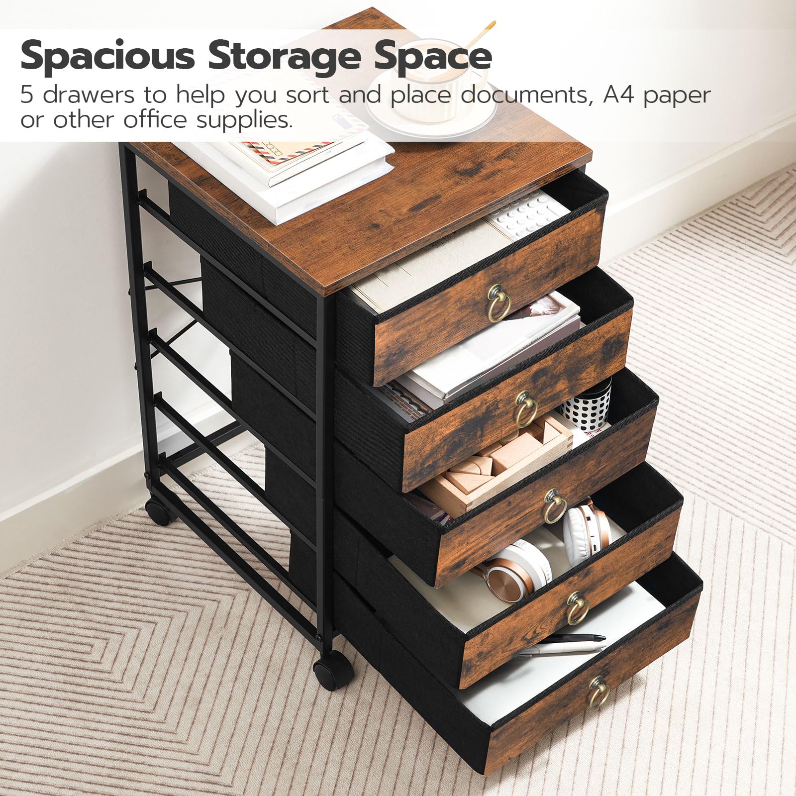 HOOBRO 5-Drawer Chest - Rustic Brown File Cabinet with Wheels, Office Storage Organizer, Rolling Printer Stand for Home & Workspace - Easy Assembly Nonwoven Drawers - Perfect for Living Room, Bedroom & Home Office Organization (Model BF50WJ01)