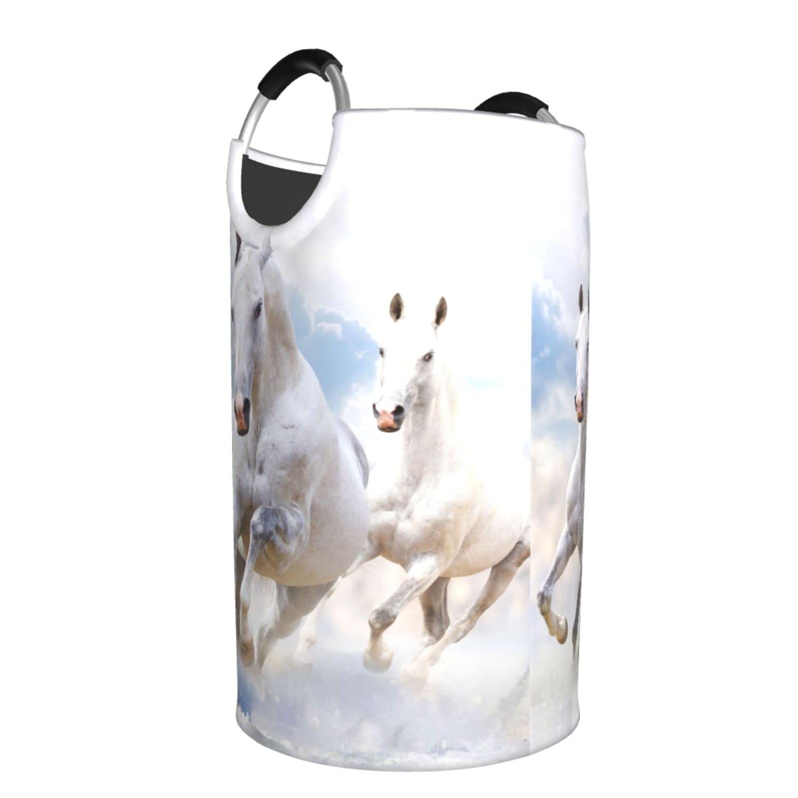 Collapsible Laundry Basket with Handles - Durable Clothes Hamper & Dirty Laundry Organizer - Animal Theme Running Horses Design (White) - Perfect for Bedroom, Bathroom & Dorm Storage