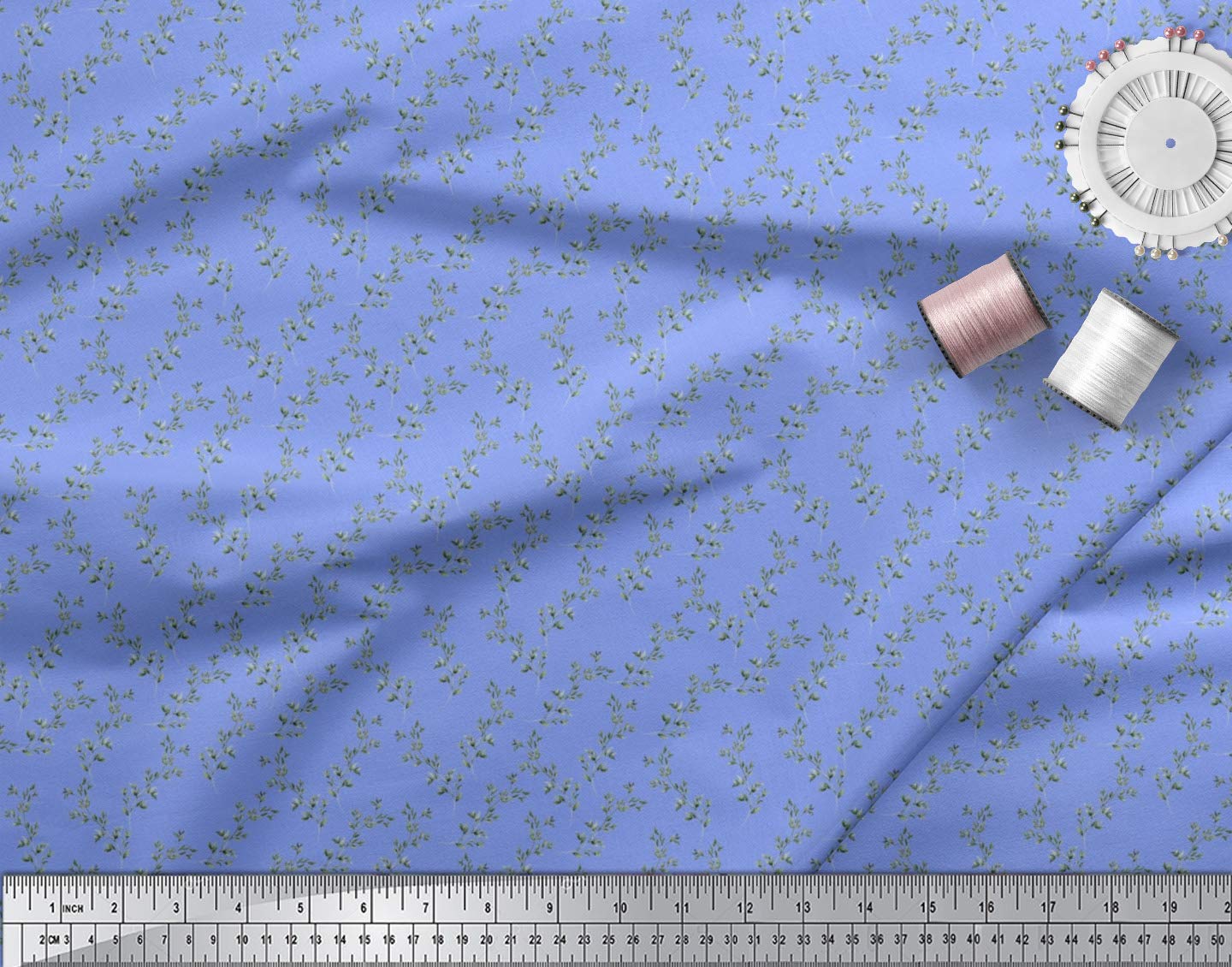 Soimoi Moss Georgette Blue Fabric by The Yard - 44 Inch Wide Printed Textile with Beech Leaves Design - Nature-Inspired Elegance for DIY Crafts, Dresses, Curtains & Home Decor Projects