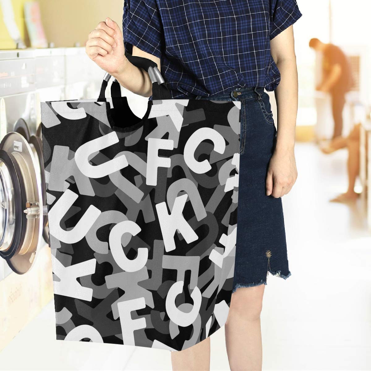 Funny Letter Pattern Large Laundry Bag - Collapsible Oxford Fabric Laundry Hamper with Handles, Foldable Portable Dirty Clothes Basket, Waterproof Washing Bin & Laundry Tote Bag for College Dorm, Travel, Camping & Home Organization