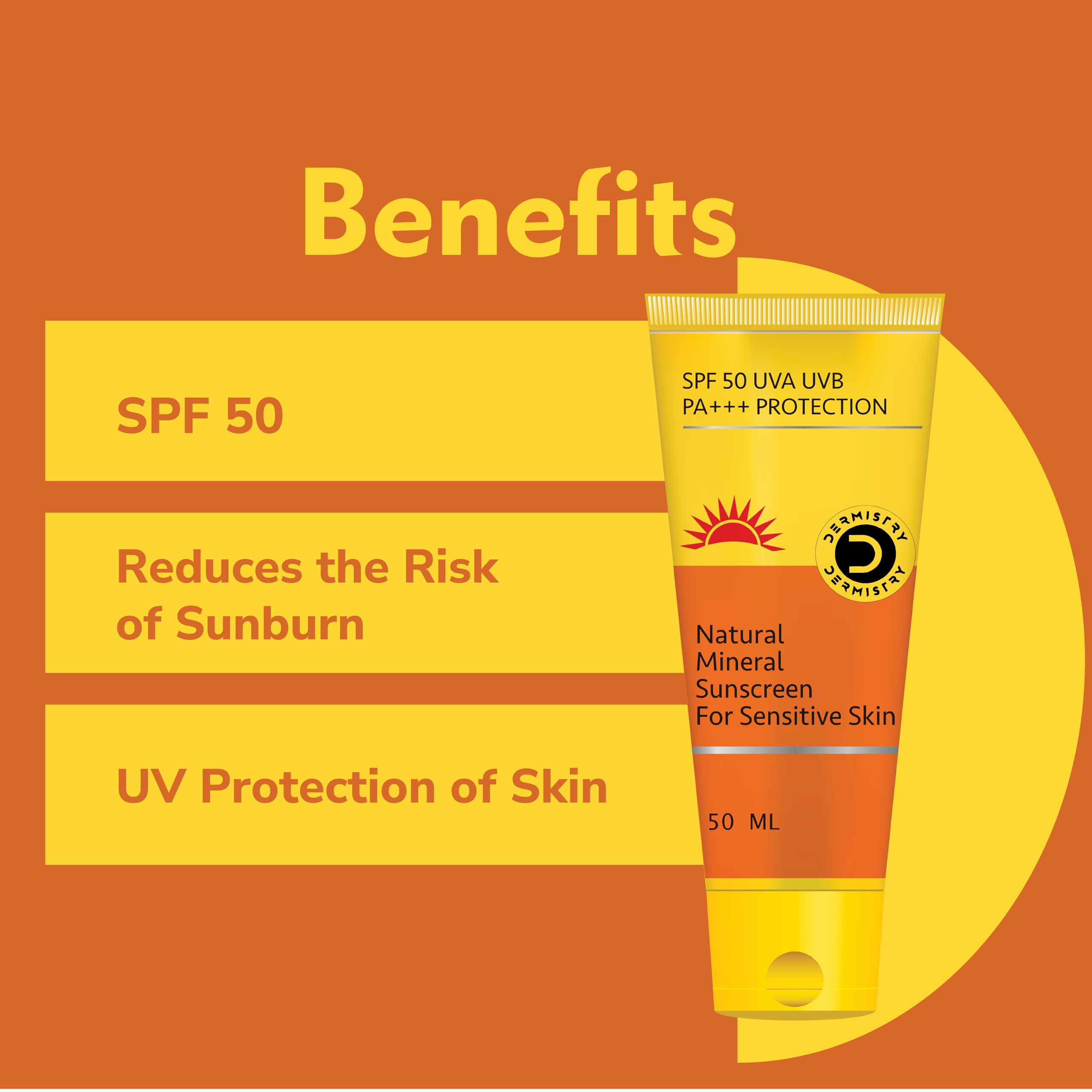 Dermistry Natural Mineral-Based Oil-Free Pollution Protect Water-Based Sunscreen SPF 50 for Sensitive Skin | UVA/UVB PA+++ Protection | Water-Resistant | 50ml | Ideal for Outdoor Activities, Beach, Swimming & Daily Use for Men, Women & Kids