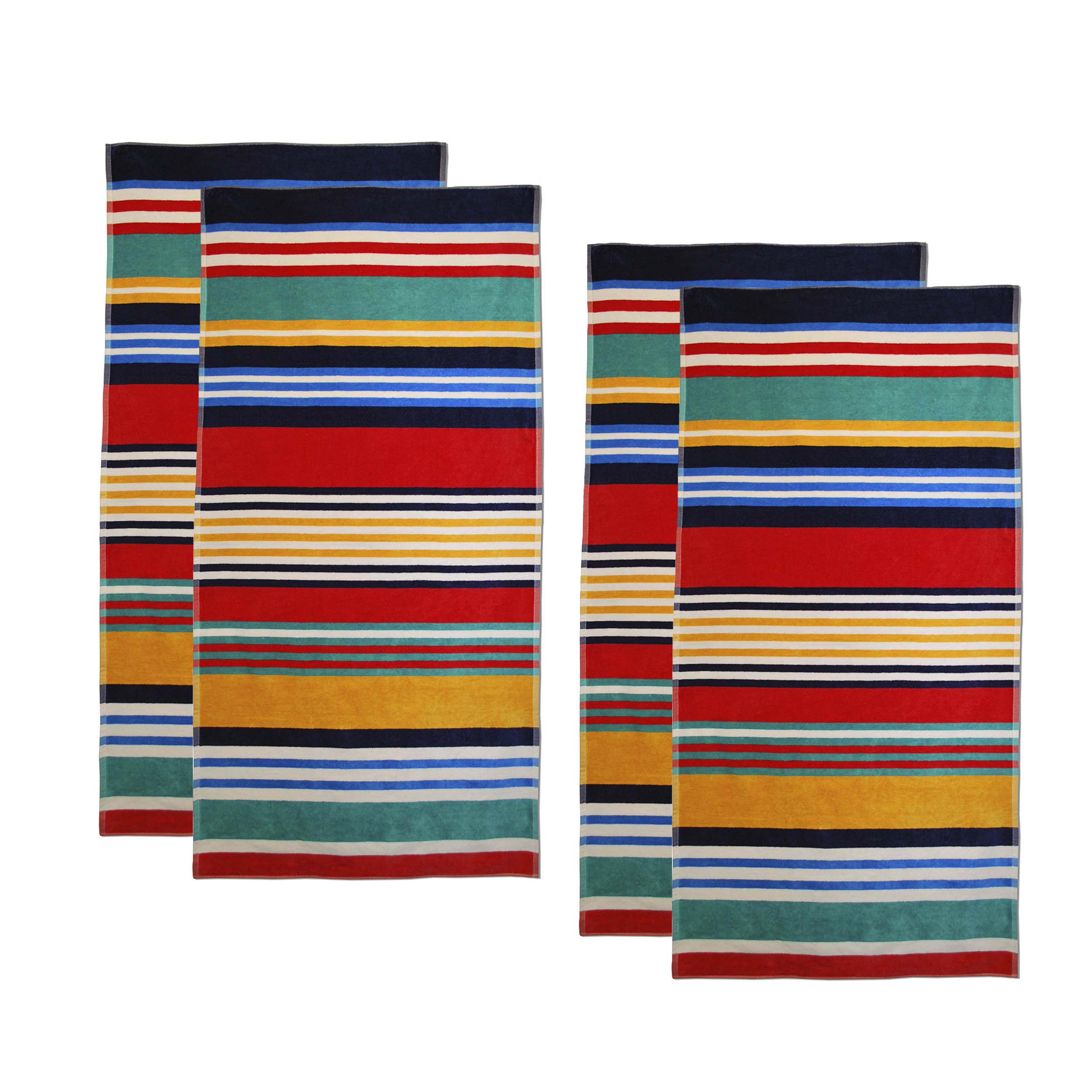 Soft Cotton Multicolored Striped Oversized 4-Piece Beach Towel Set - Super Absorbent & Quick Dry for Pool, Beach, and Vacation Use