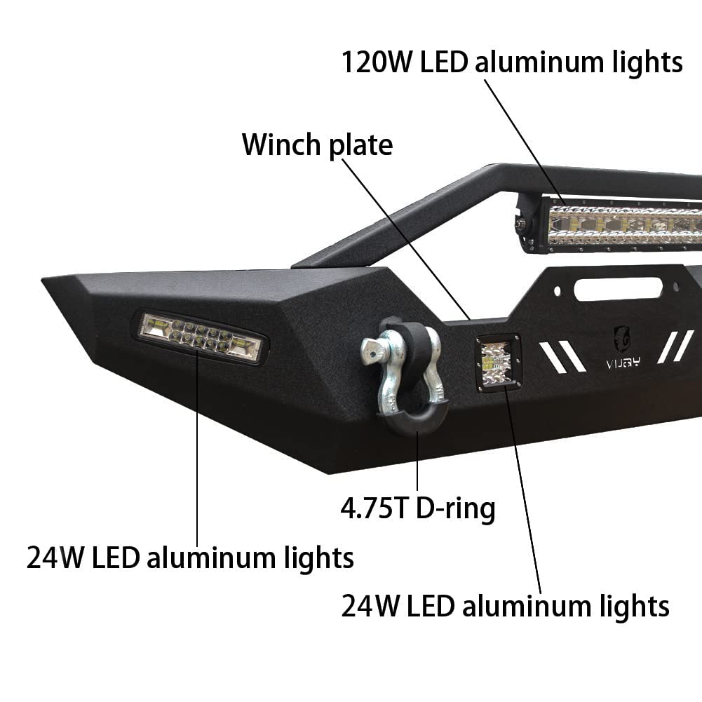 VIJAY Front & Rear Bumper Set for 2007-2017 Jeep Wrangler JK/JKU - Winch Plate, 6x24W LED Lights, 4x4.75T D-Rings, Hitch Receiver & Spare Tire Rack - Off-Road Adventure & Heavy-Duty Protection