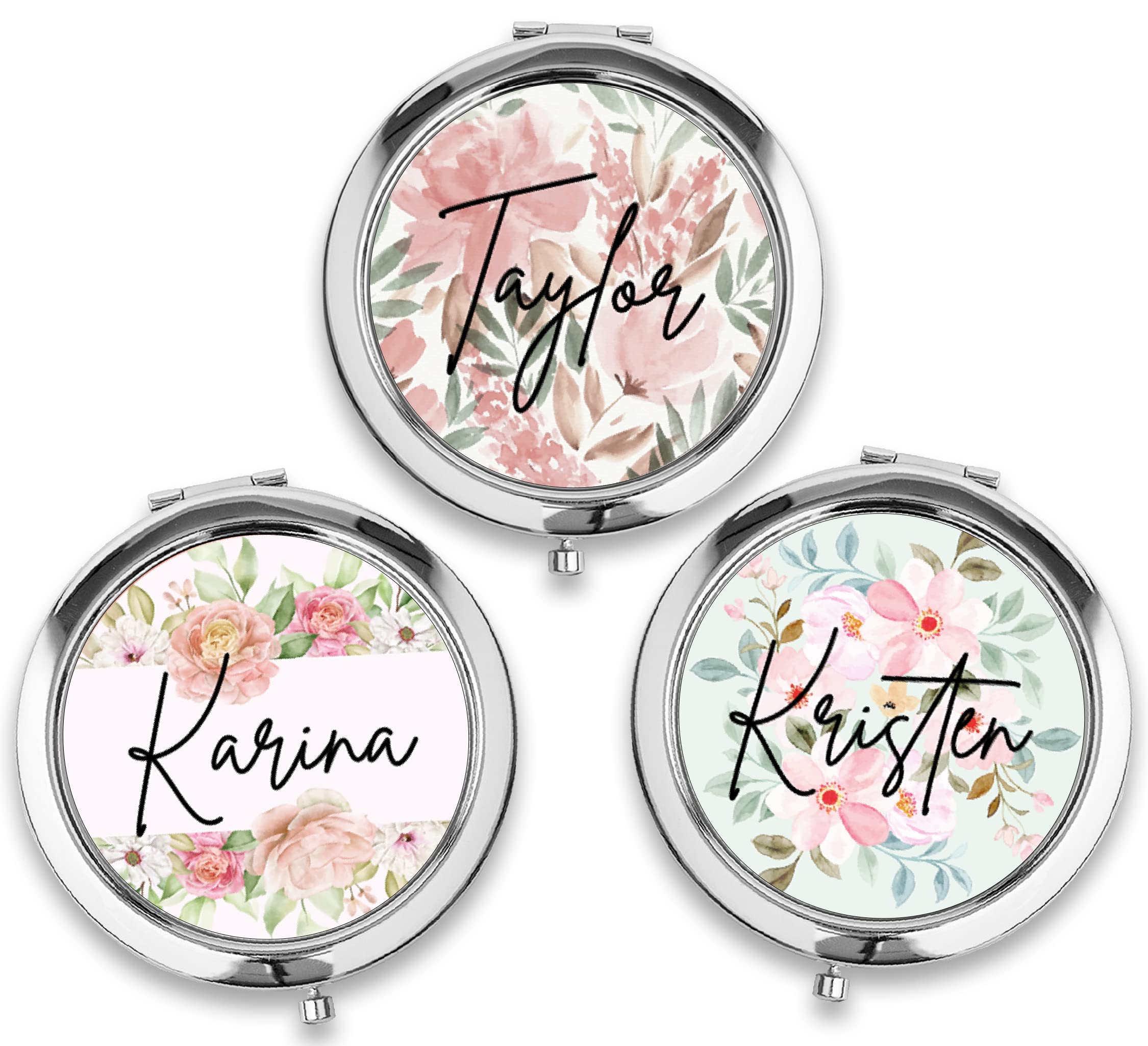Personalized Floral Compact Mirror - Bridal Party Gift for Travel & Makeup