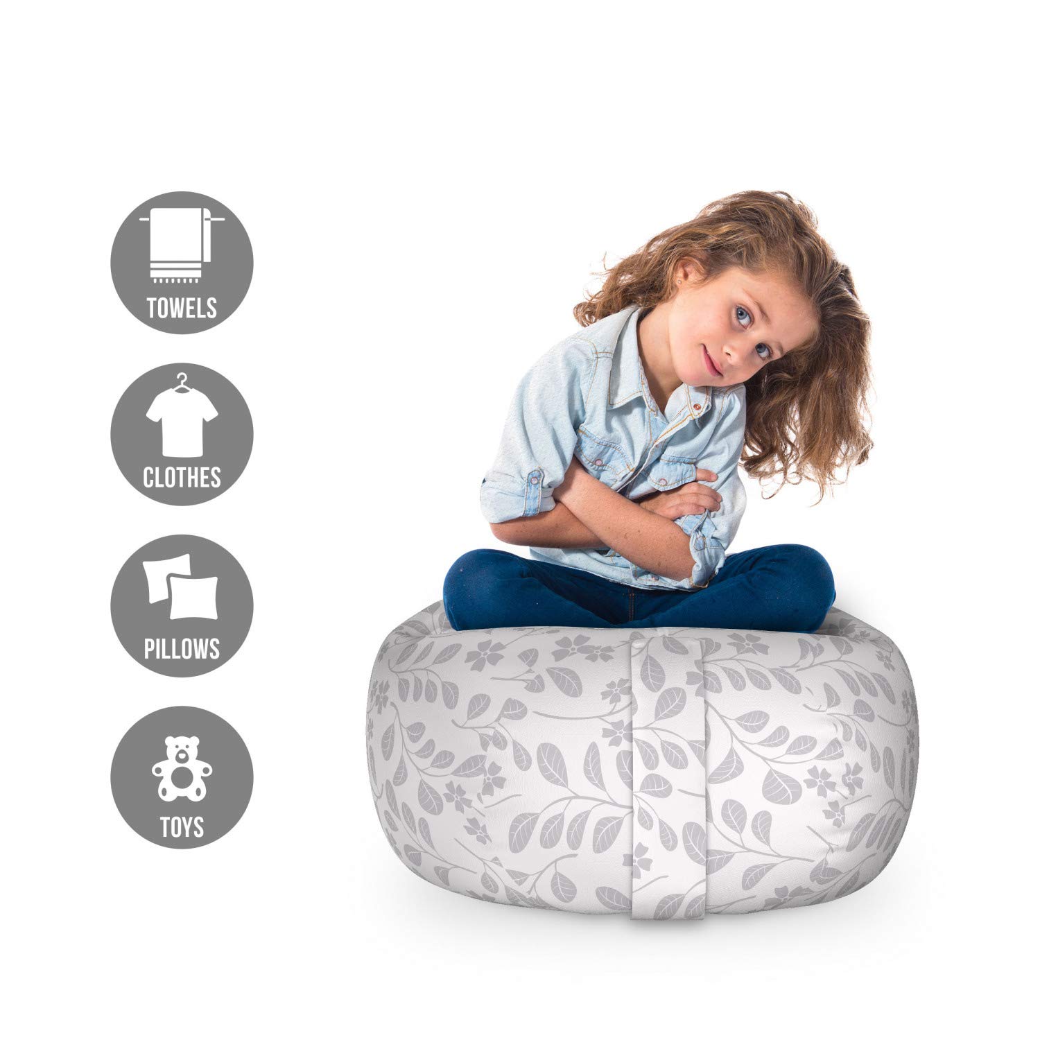 Ambesonne Pastel Leaves & Flowers Toy Storage Bag Chair - Washable Stuffed Animal Organizer for Kids Room, Nursery, Playroom - Small Size Purple Blue Grey