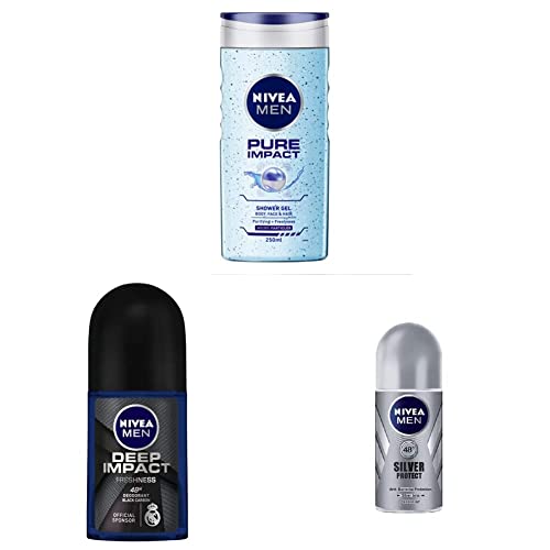 NIVEA Men Body Wash 250ml - Deep Cleansing & Hydrating Shower Gel for Men | NIVEA MEN Deep Impact Freshness Deodorant Roll-On 50ml - 48h Odor Protection | NIVEA Men Silver Protect Deodorant Roll-On 50ml - Antibacterial Freshness for Active Lifestyles | Perfect for Gym, Work & Daily Use