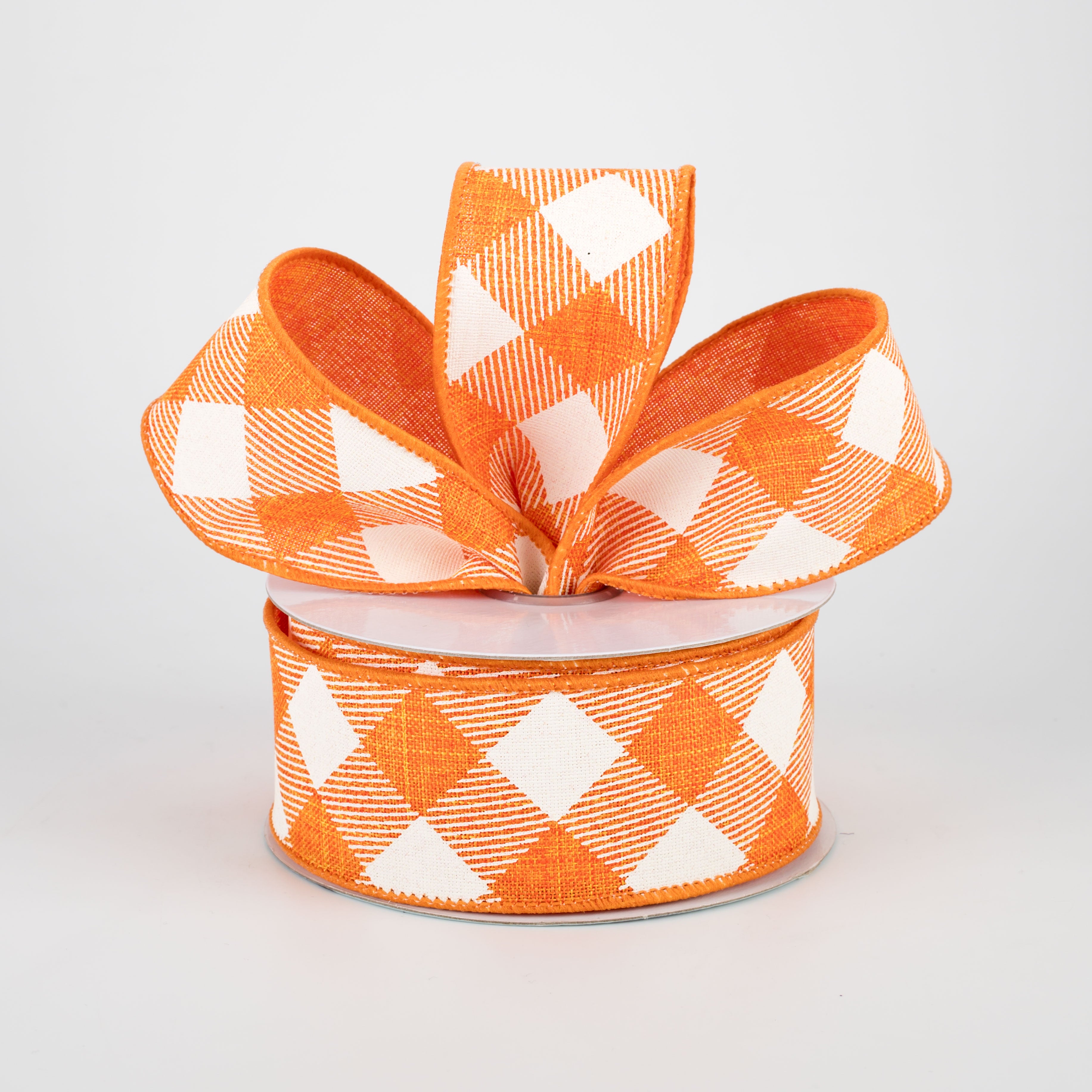 1.5 Inch Diagonal Check Ribbon - Orange & Ivory Pattern - 10 Yards Bulk Ribbon for Gift Wrapping, Crafts, and DIY Projects