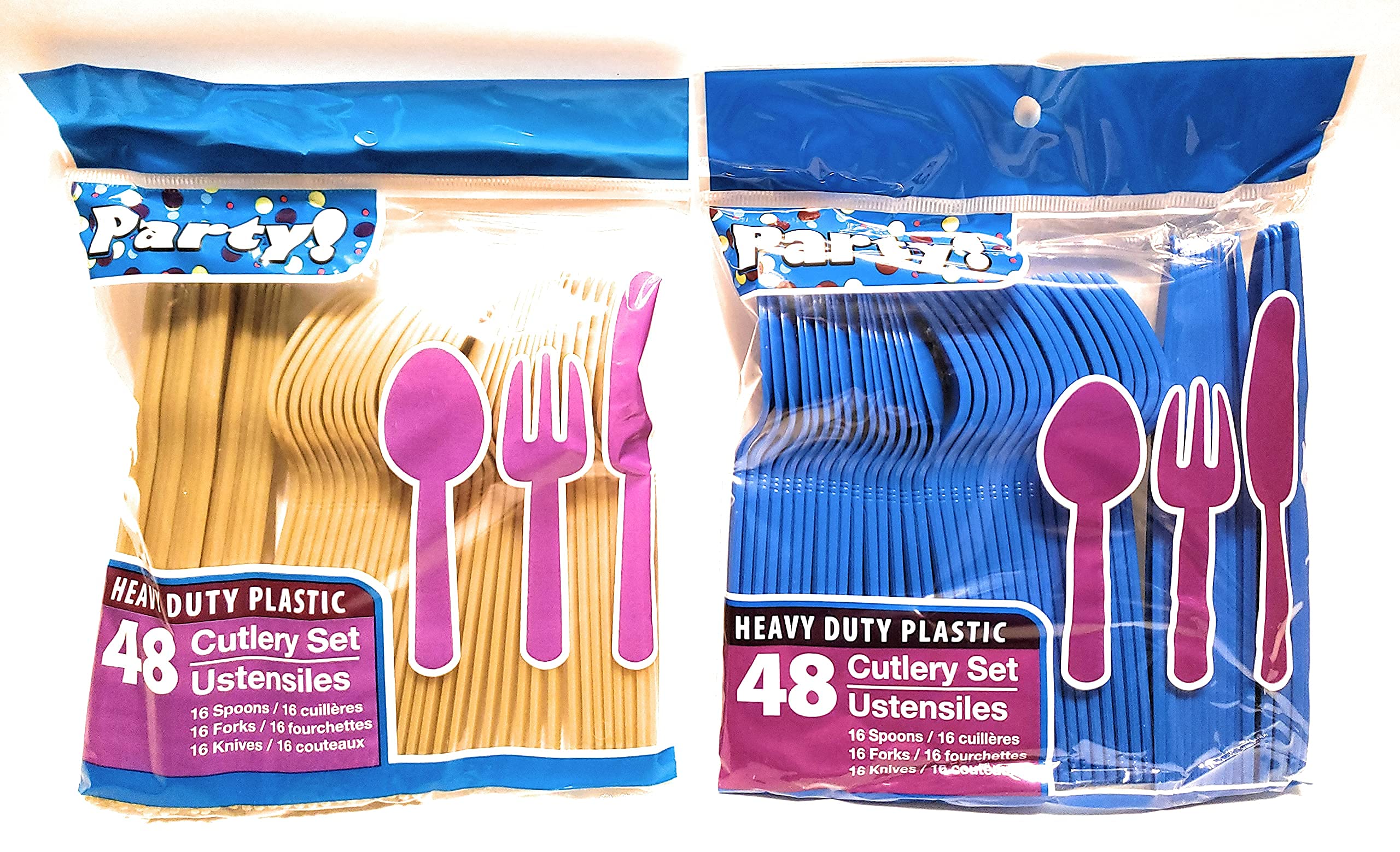 OM Blue & Gold Team Colors Disposable Silverware Set - 96 Piece Plastic Cutlery (32 Spoons, 32 Forks, 32 Knives) - 2 Packs of 48 Each - Perfect for Team Parties, Picnics & School Events