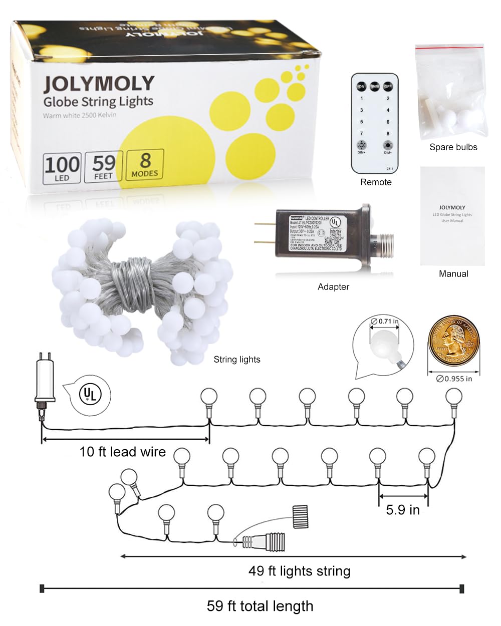 100 LED Globe String Lights - 59 Ft Plug-in Christmas Lights with Remote Timer, Connectable 0.71