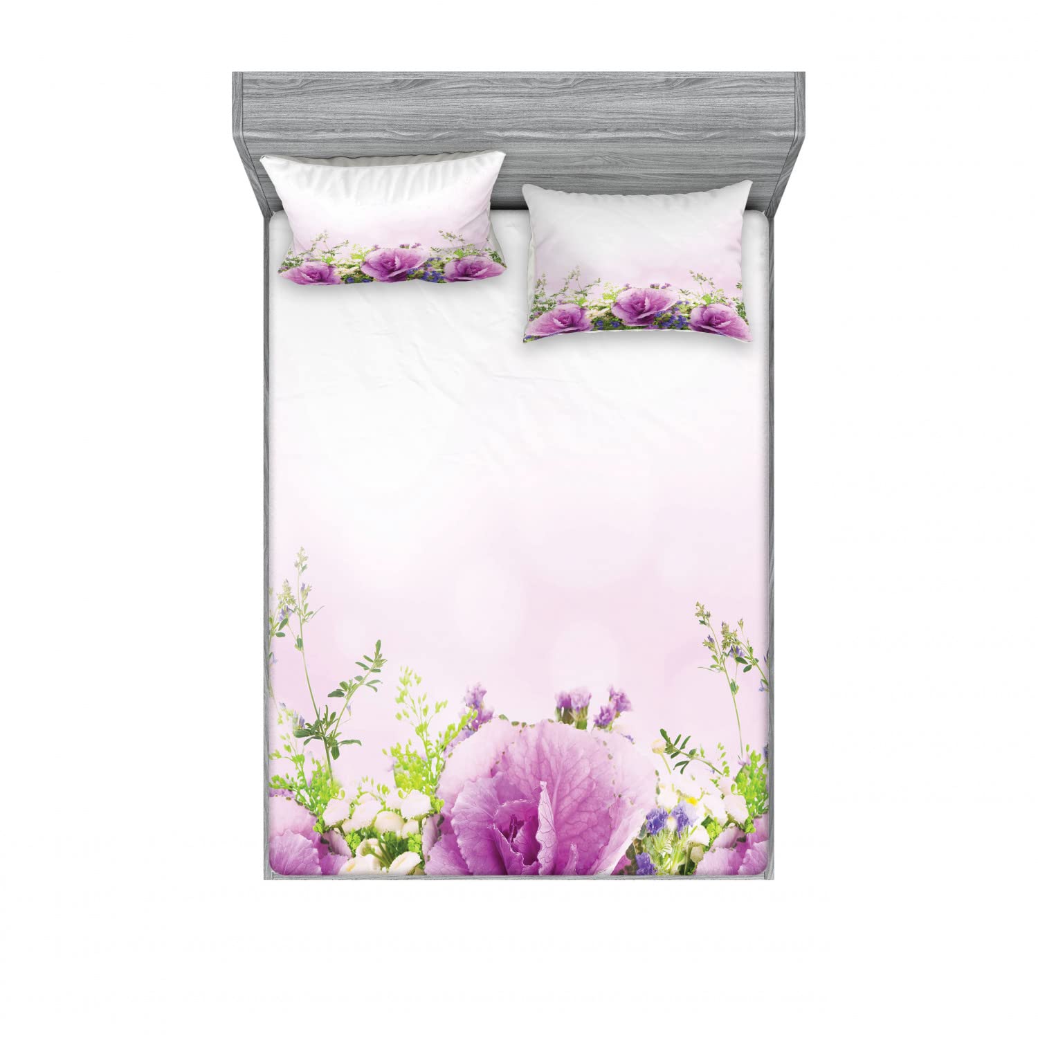Ambesonne Romantic 2-Piece Queen Size Fitted Sheet Set with 4 Pillow Shams - Floral Spring Bouquet Design in Lavender & Green | Soft Bedding Decor for Master Bedroom, Guest Room or Vacation Home