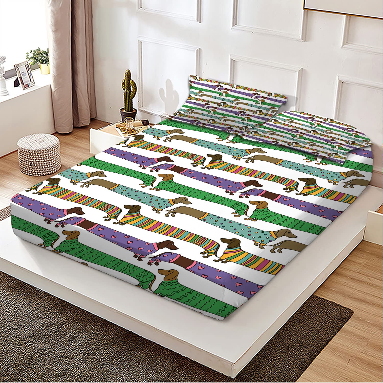 Dachshund Print Twin/Twin XL Fitted Sheet & Pillow Sham Set - Ultra Soft, Breathable 2-Piece Dog Lover Bedding Decor with Perfect Mattress Fit (Multicolor) - Perfect for Pet-Themed Bedrooms, Dog Lovers' Homes, and Dachshund Enthusiasts