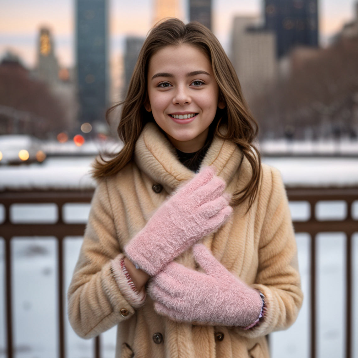 Fluffy Warm Kids Gloves for Girls & Boys - Large Size, Soft Pink Winter Gloves for Outdoor Play, Snow Activities & Cold Weather Protection