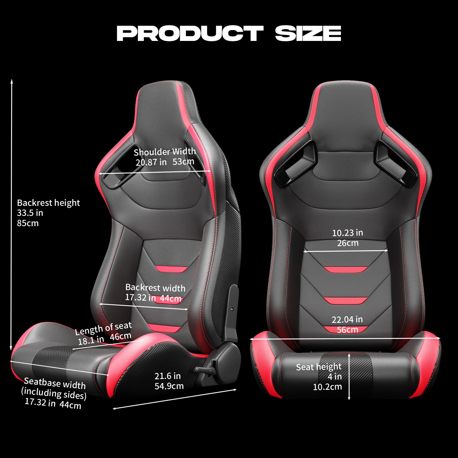 2 Pcs Universal Racing Seats with Dual Lock Sliders - Reclinable PU Leather Bucket Seats for Sports Cars, Adjustable High Back Design (Black & Red) - Perfect for Racing, Drifting & Car Upgrades
