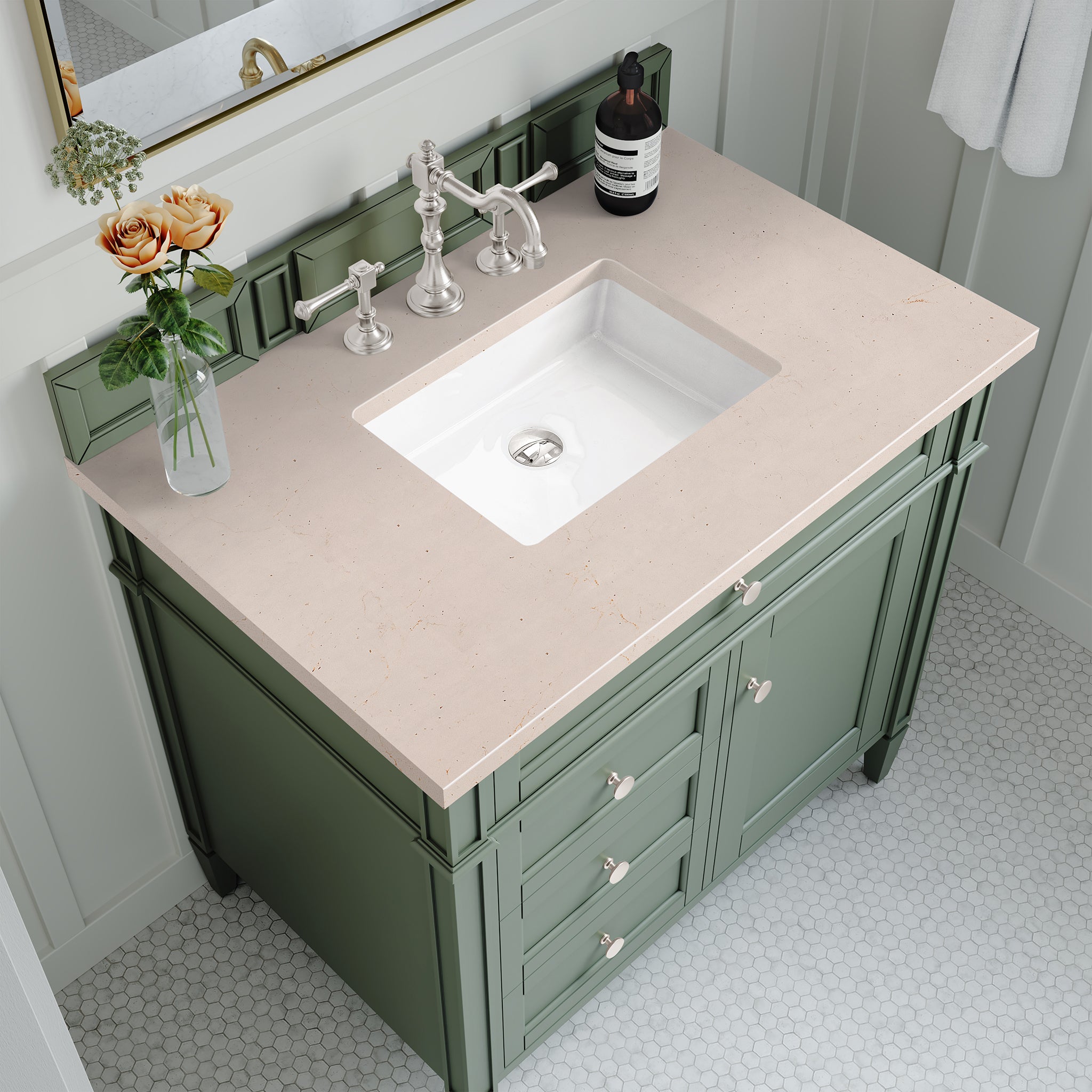 Brittany 36 Inch Single Bathroom Vanity with Smokey Celadon Finish & 3CM Eternal Marfil Stone Top - Perfect for Modern Master Bathrooms and Powder Rooms