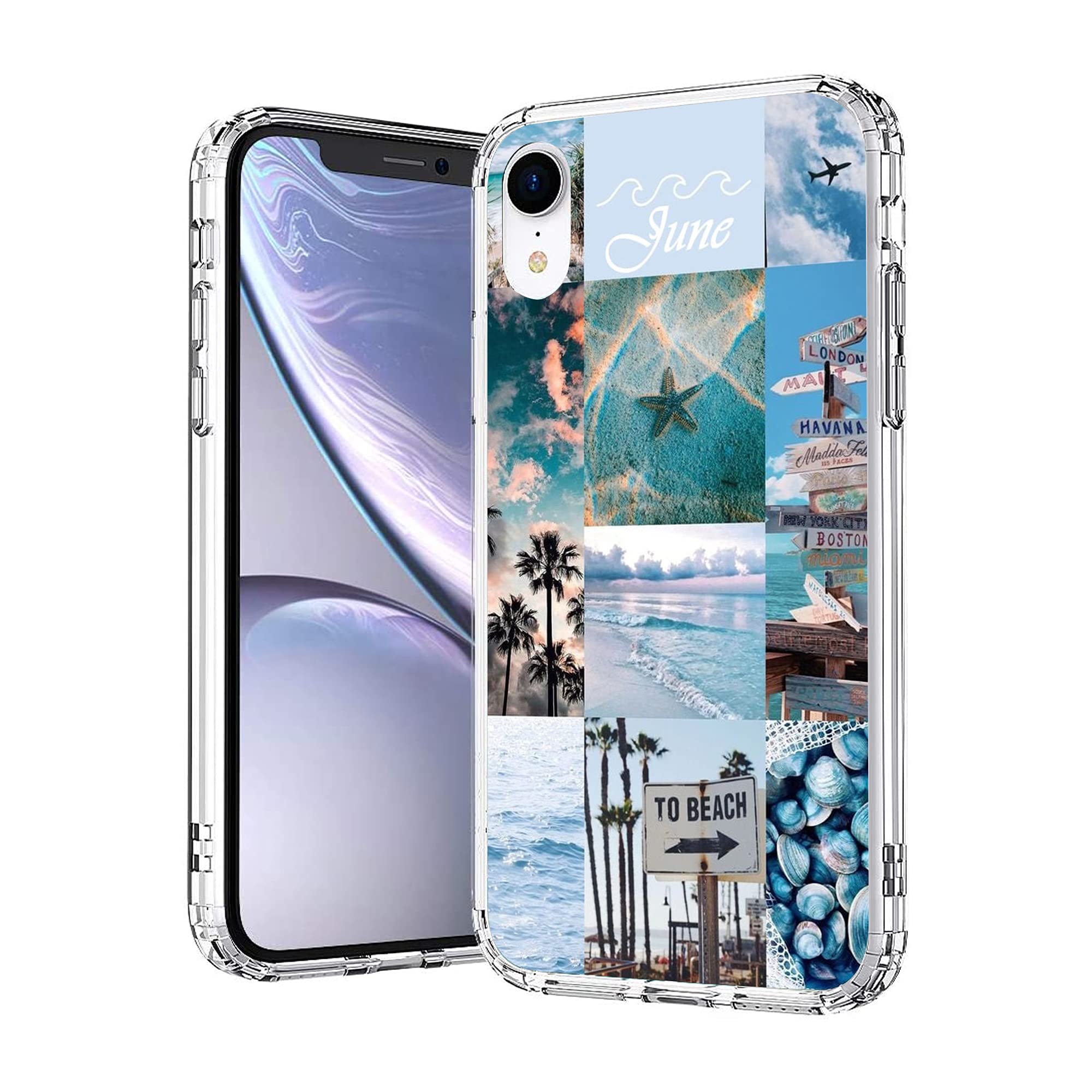 Vintage Aesthetic iPhone XR Case - Clear Shockproof Protective Cover with Retro Beach Collage Design (Coconut Tree & Starfish) | Trendy Phone Case for Women & Girls | Perfect for Summer Travel, Beach Vacations & Everyday Use
