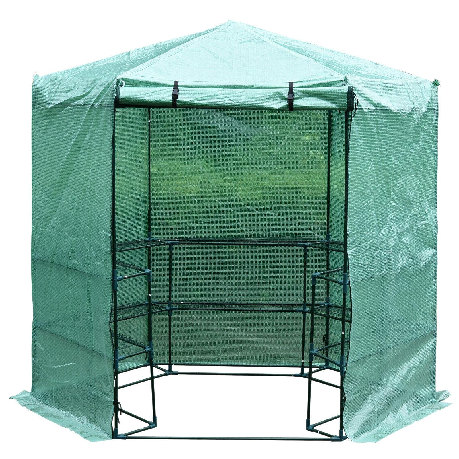 Silver 7.4' Portable Hexagonal Walk-in Greenhouse with 3-Tier Shelves - Indoor/Outdoor Gardening Greenhouse for Plants, Flowers & Vegetables | Perfect for Winter Protection, Seed Starting & Year-Round Growing