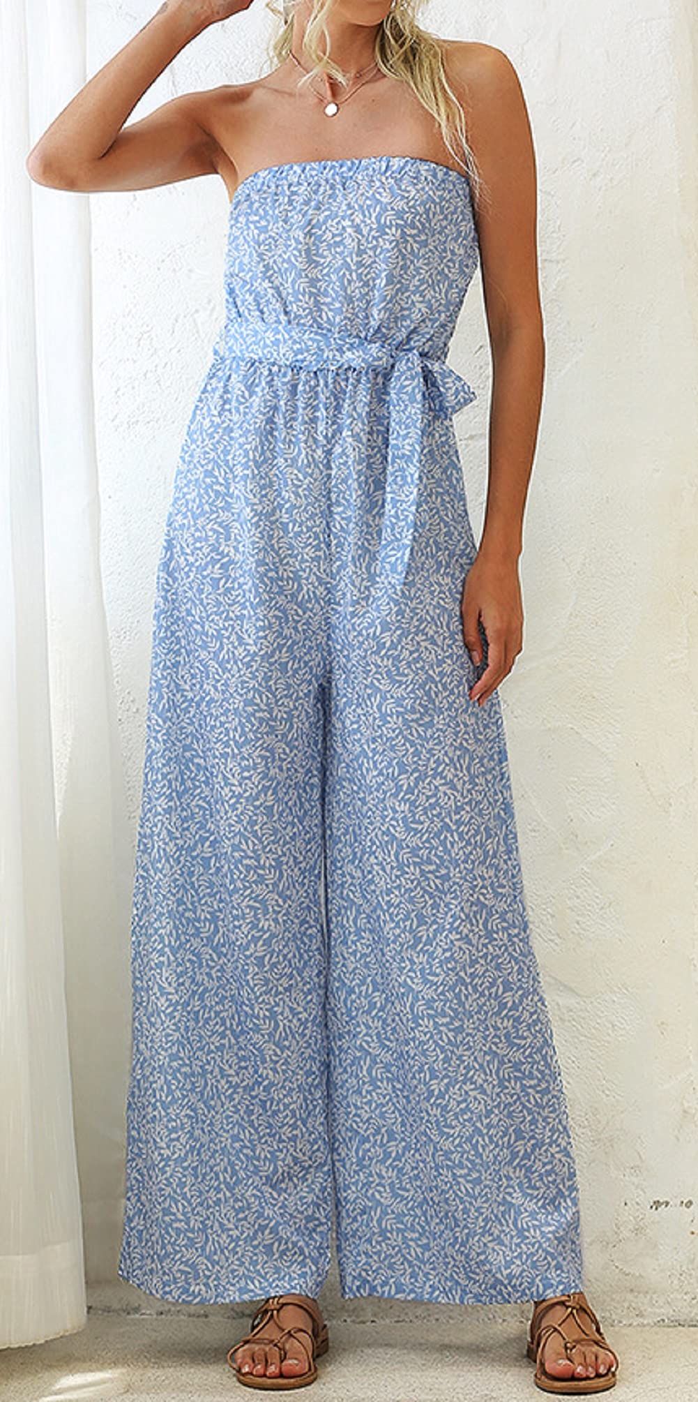 CHARTOU Women's Off The Shoulder Wide Leg Loose Floral Print Belt Bandeau Jumpsuit - Summer Beach Party, Vacation Outfit, Casual Wear, Boho Chic Fashion