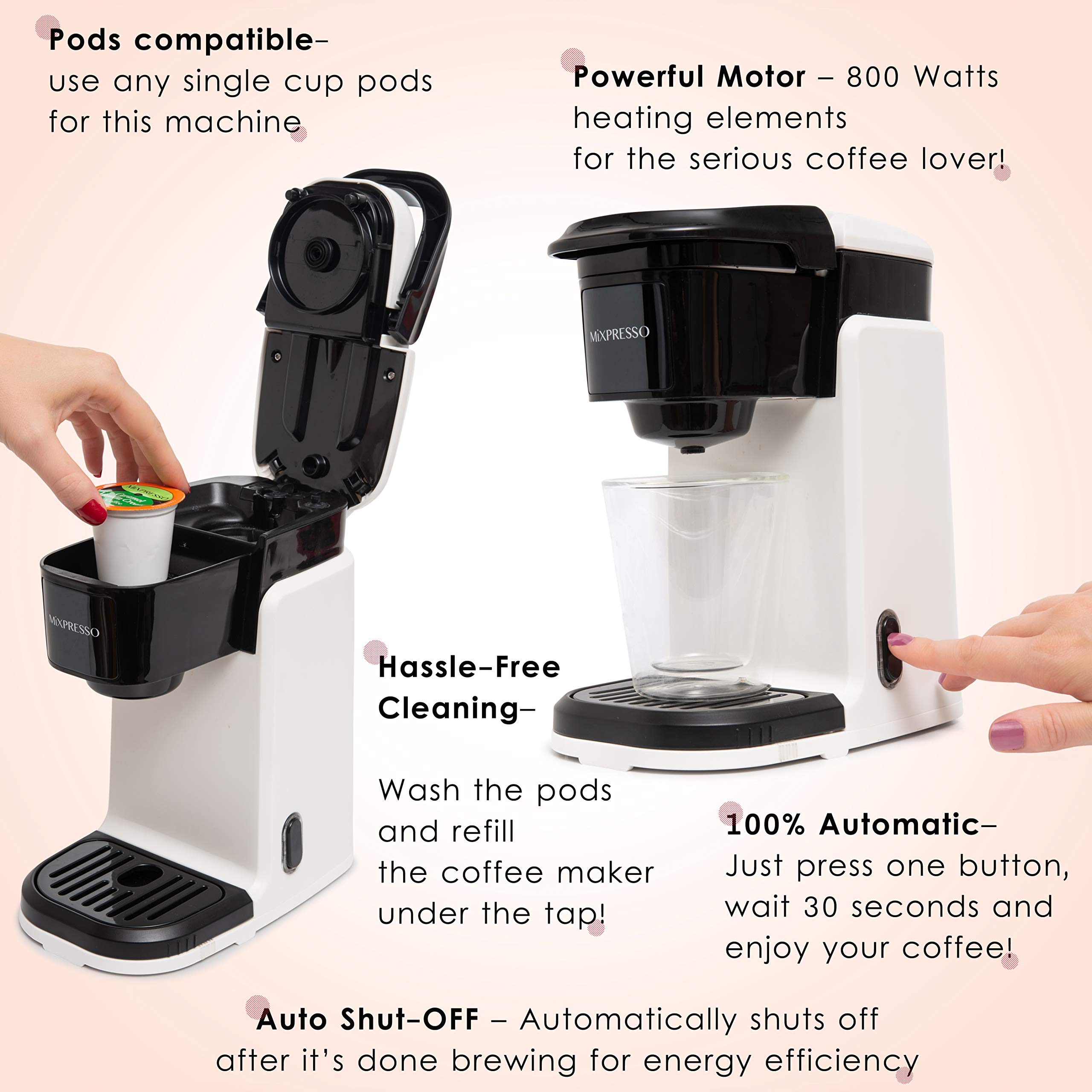 Mixpresso Single Serve Coffee Maker - 12oz Personal Coffee Brewer with Quick Brew Technology & One-Touch Function, Compatible with Single-Cup Pods - Perfect for Home, Office, or Travel Use