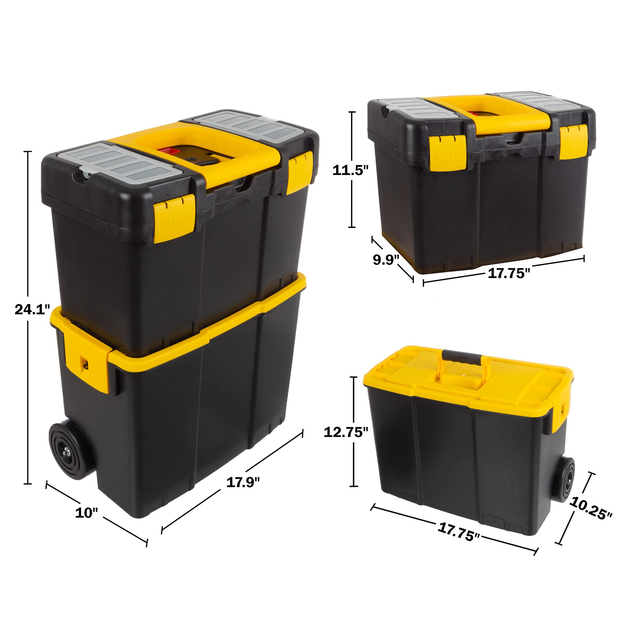 Stalwart 2-in-1 Portable Tool Box with Wheels - Stackable Tool Chest with Fold-Down Comfort Handles, Heavy-Duty Latches & Removable Storage Trays (Black/Yellow) - Perfect for Home Garage, Workshop & Job Site Organization