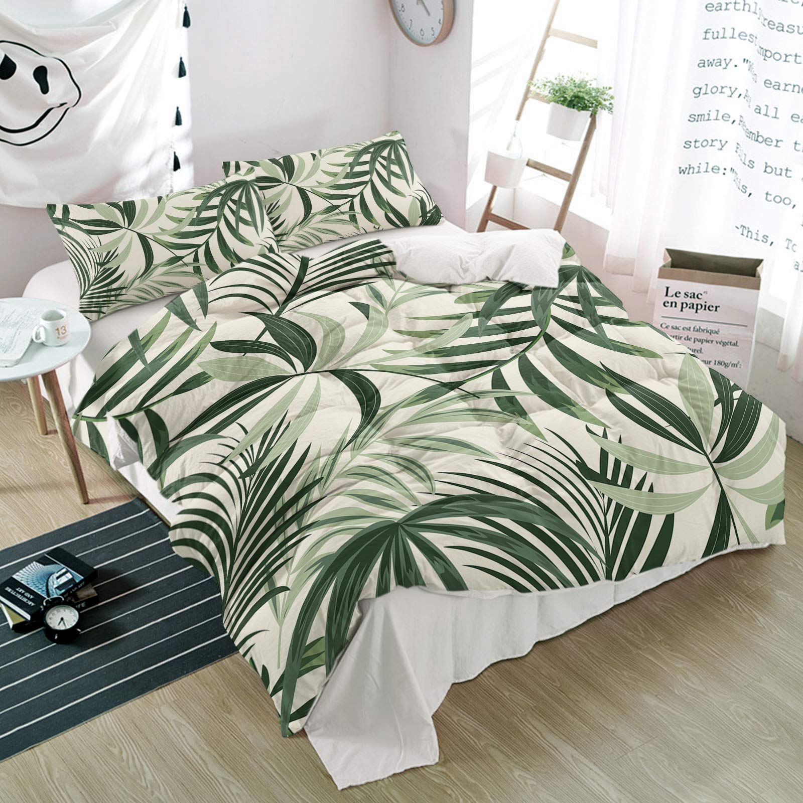 3-Piece Duvet Cover Set King Size - Tropical Green Leaf Print Luxury Soft Microfiber Bedding with Pillowcases, Rustic Beige Back - Perfect for Master Bedroom, Guest Room & Vacation Home Decor