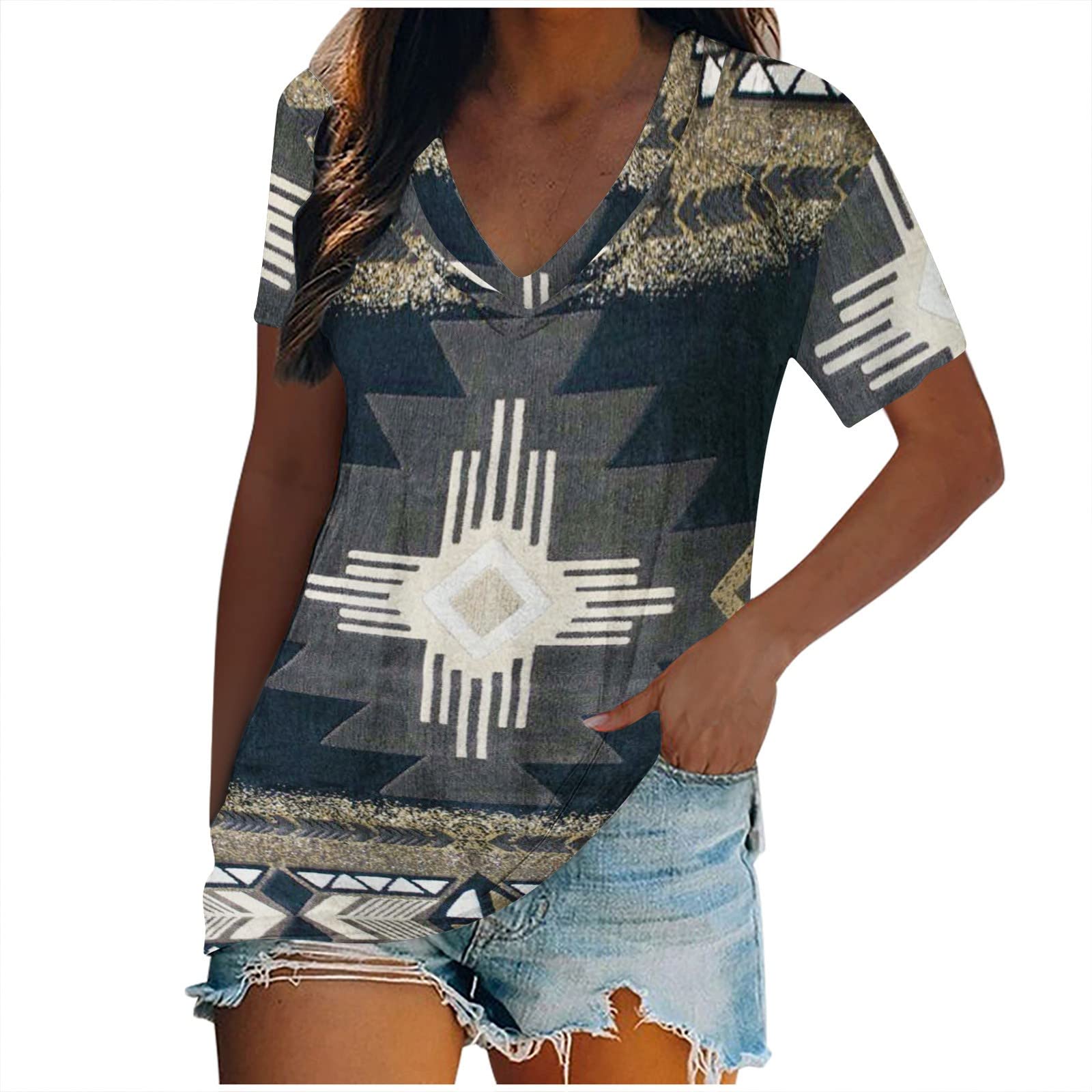 Women's Printed V-Neck Loose Short Sleeve T-Shirt - Elegant Pullover Blouse for Casual & Dressy Occasions | Perfect for Work, Date Night & Summer Outfits