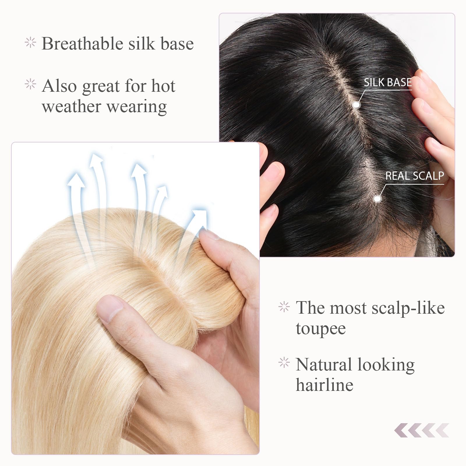 Hairro 100% Human Hair Topper with Silk Base for Women - 16 Inch Ash Blonde Mix Bleach Blonde Clip-in Hairpiece for Thin Hair & High Hairline - Perfect for Daily Wear, Special Occasions & Hair Loss Coverage