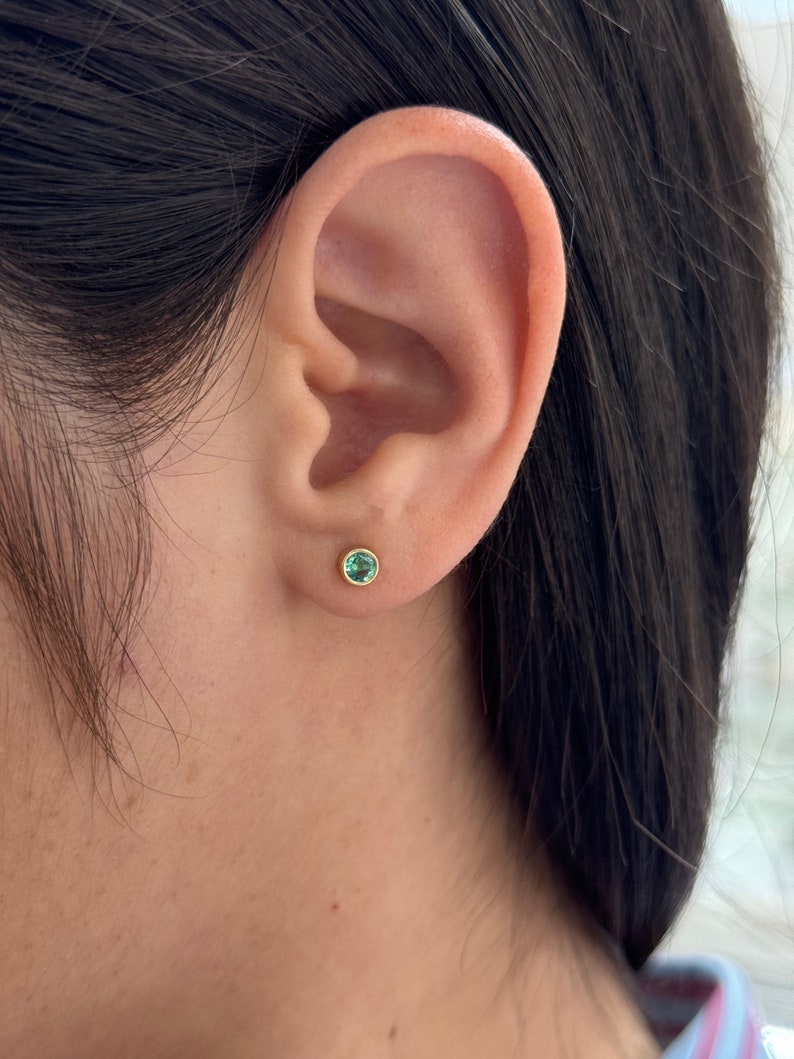 0.50tcw 14K Natural Lush Medium Green Round Cut Bezel Set 3.70mm Gold Baby Emerald Stud Earrings for Women - Perfect for Everyday Wear, Gift Giving & Special Occasions