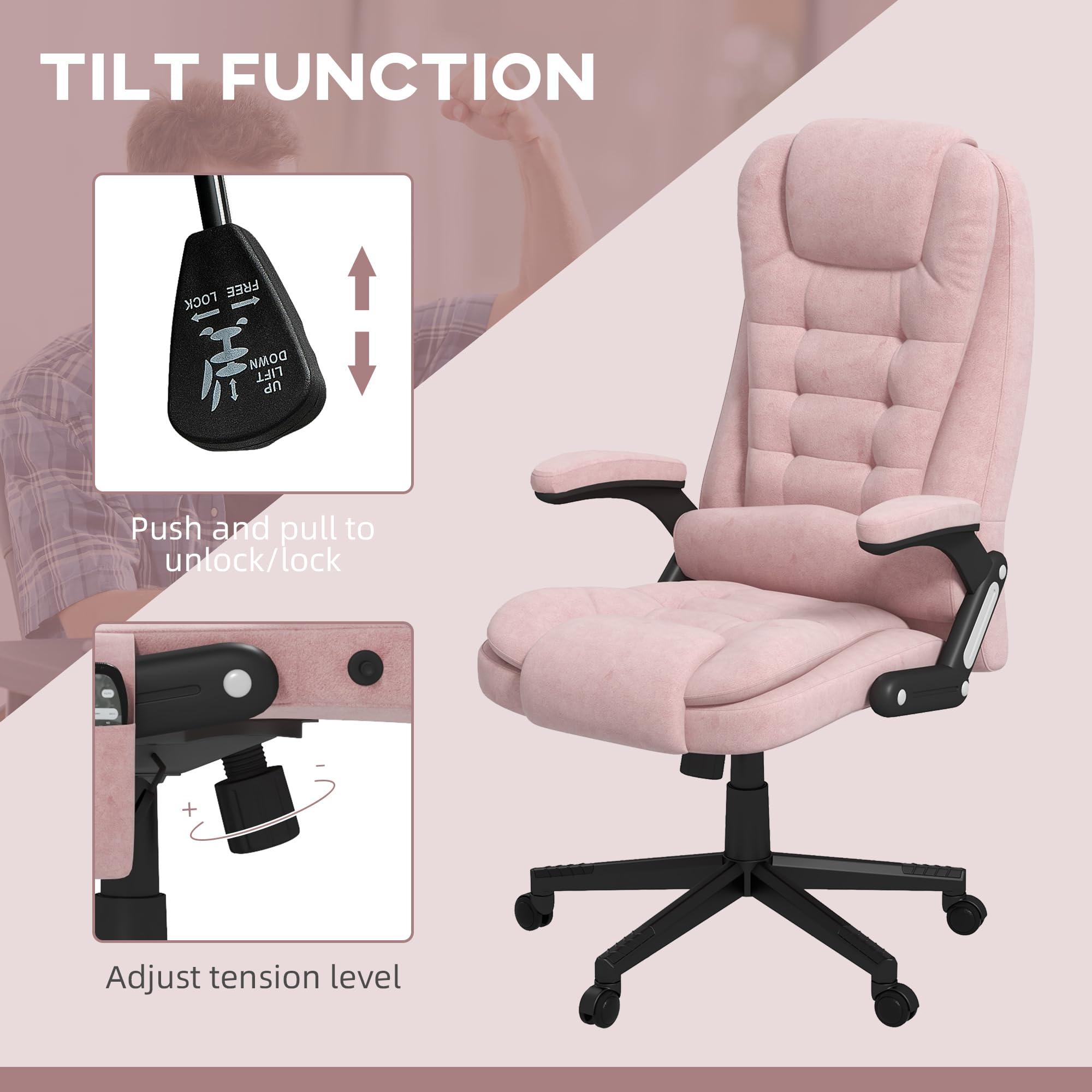 HOMCOM 6-Point Vibrating Massage Office Chair with Heat - Velvet High Back Executive Chair, Reclining Backrest & Padded Armrests - Remote Control - Pink - Perfect for Home Office, Gaming & Relaxation