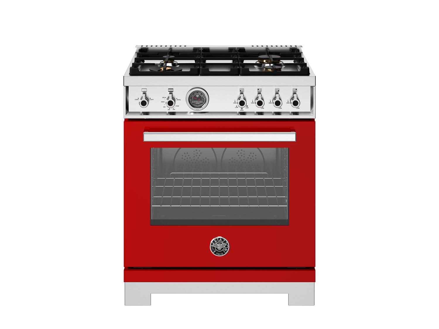 Bertazzoni PRO304BFGMROT 30 Inch Professional Gas Range with 4 Brass Burners in Rosso Red - Perfect for Home Chefs & Gourmet Cooking