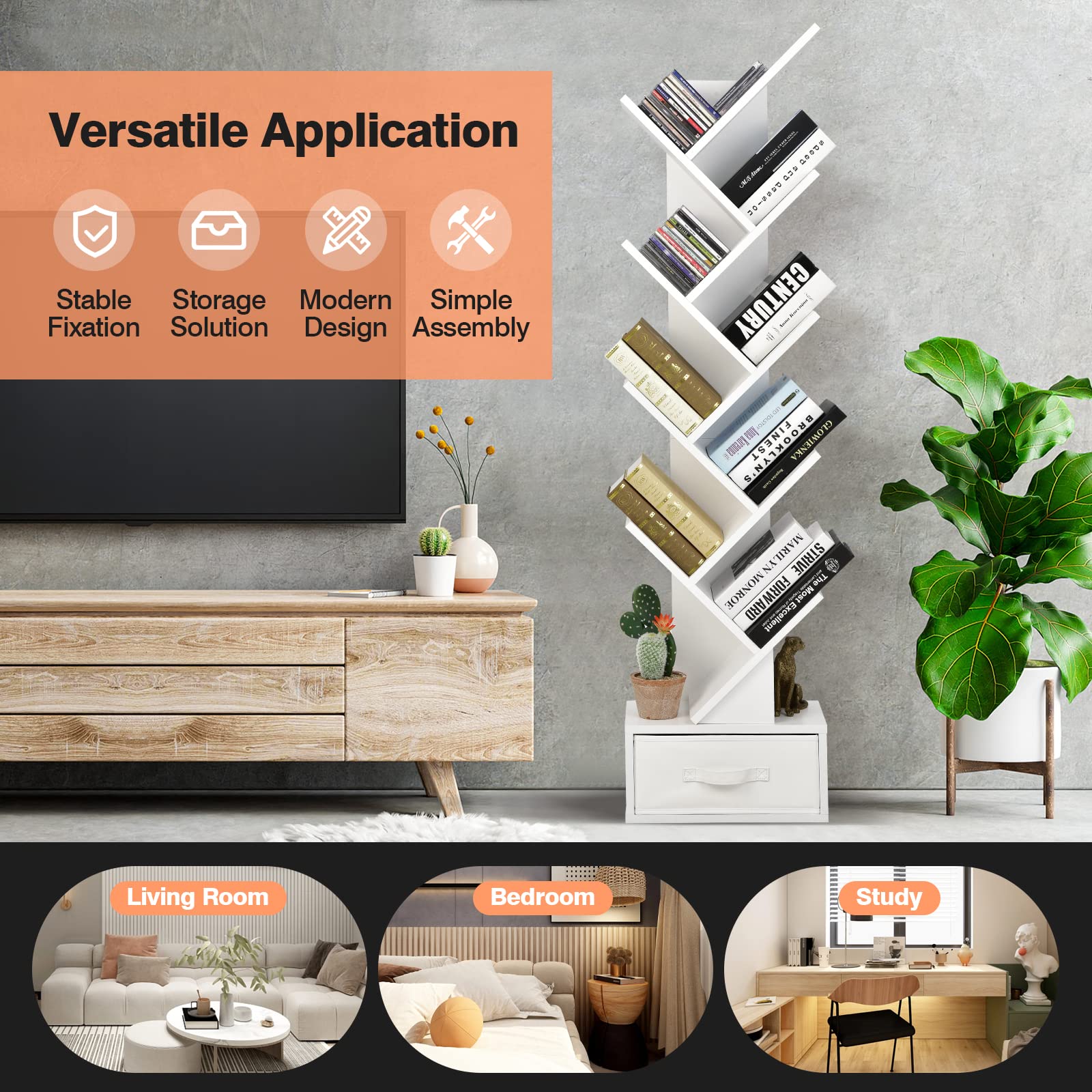 Tangkula 10-Tier Tree Bookshelf with Drawer - Floor Standing Storage Organizer for Books, Movies, CDs & Collectibles - Space-Saving Display Shelf for Bedroom, Living Room, Home Office & Dorm (White) - Perfect for Small Spaces & Stylish Home Organization