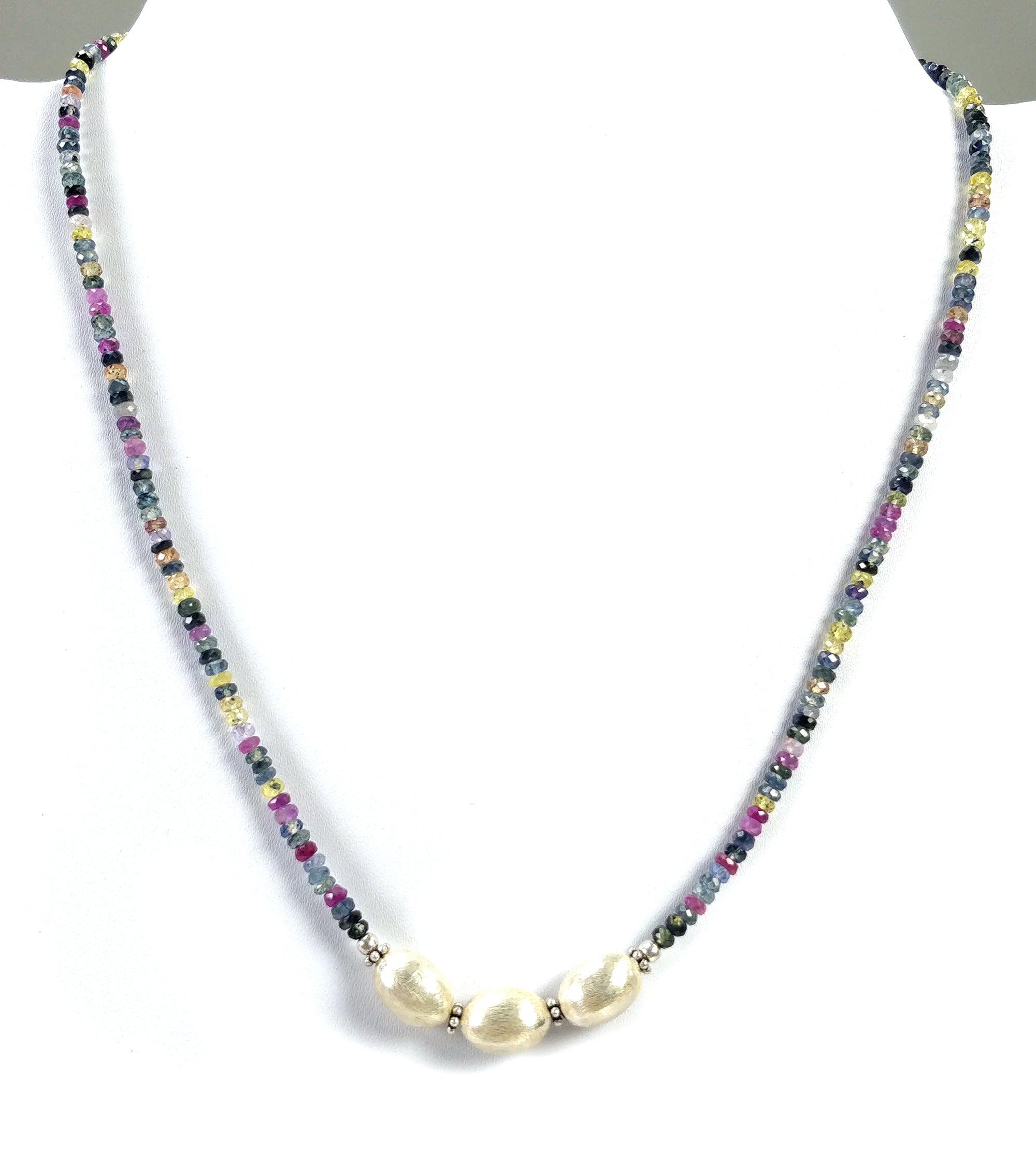 Natural Multi Sapphire Beaded Necklace for Women - 925 Sterling Silver Pendant Chain with Gemstone Beads - Elegant Jewelry Gift (18.5