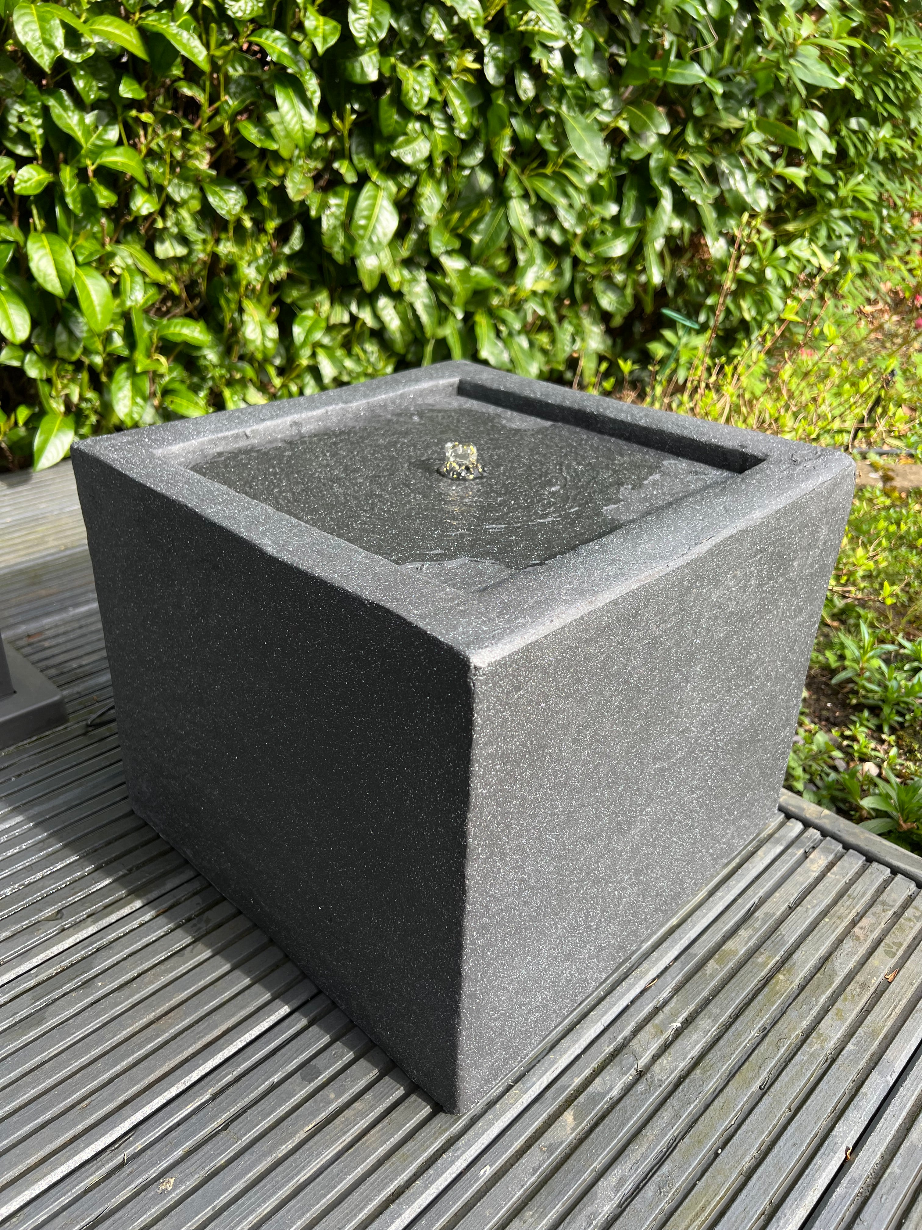 Square LED Water Fountain with Lights - Indoor/Outdoor Plug-in Powered Dark Grey Modern Water Feature (37x37x30cm) for Garden, Patio, Living Room Decor