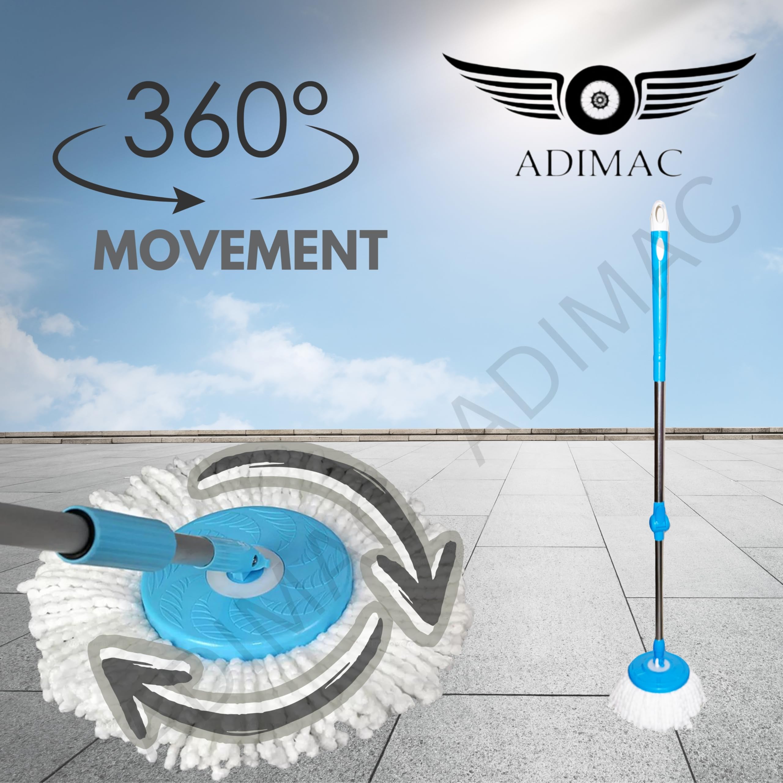 ADIMAC Heavy Duty 360 Degree Rotating Mop Stick - Stainless Steel & Plastic Mop Rod with 3 Refill Pads for Floor Cleaning | Perfect for Home, Office, Kitchen, Bathroom & Hard Surface Floors