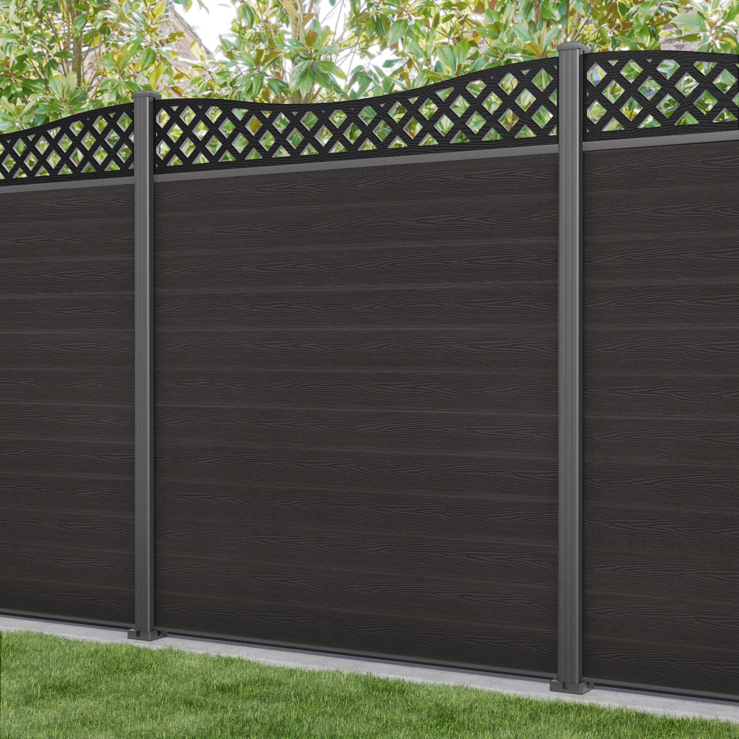 Dark Oak Classic Low Wave Fence Panel with Aluminum Posts - Durable & Stylish Backyard Privacy Fence for Gardens, Patios, and Pool Areas